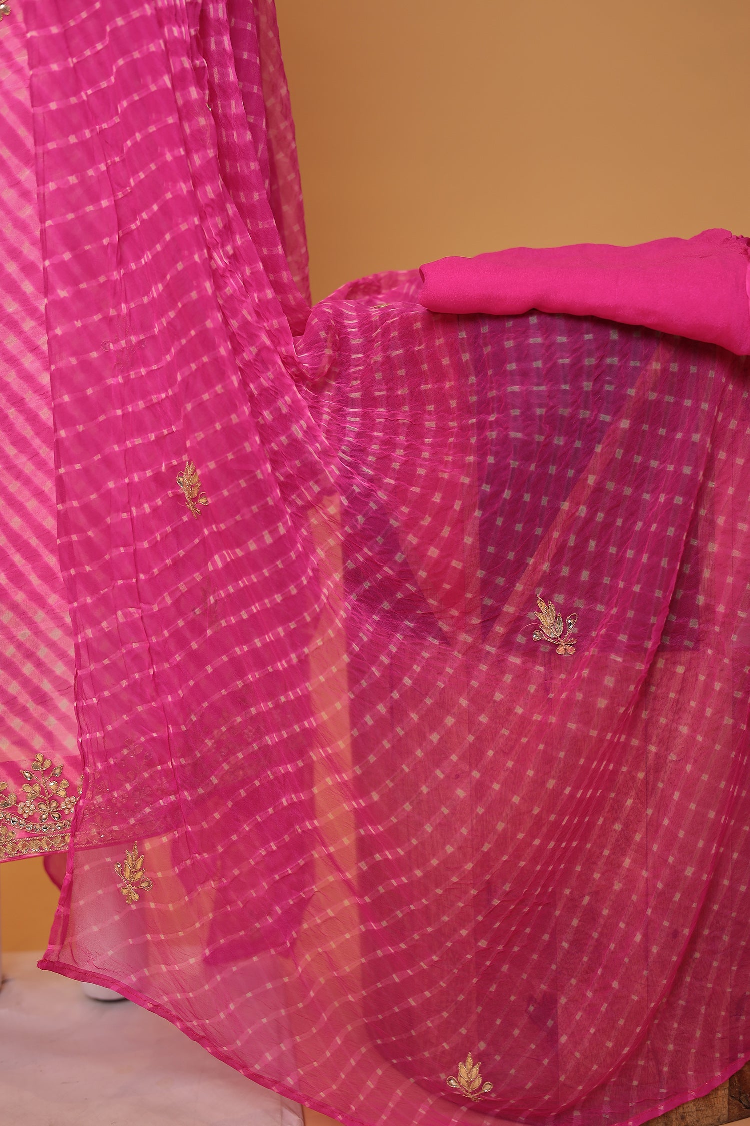 Leheriya Chinon Unstitched Suit with Dori and Gota Patti work