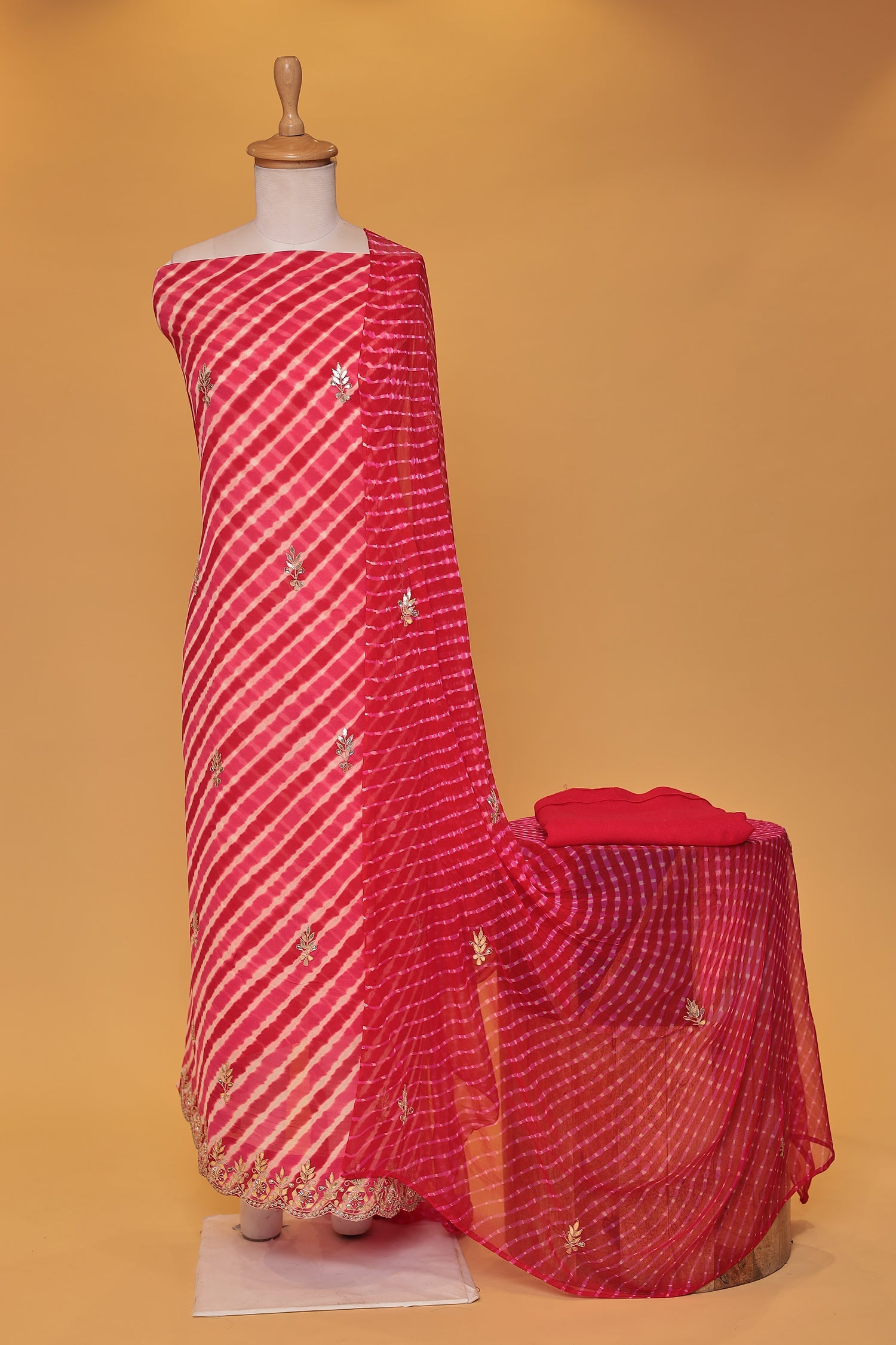 Leheriya Chinon Unstitched Suit with Dori and Gota Patti work