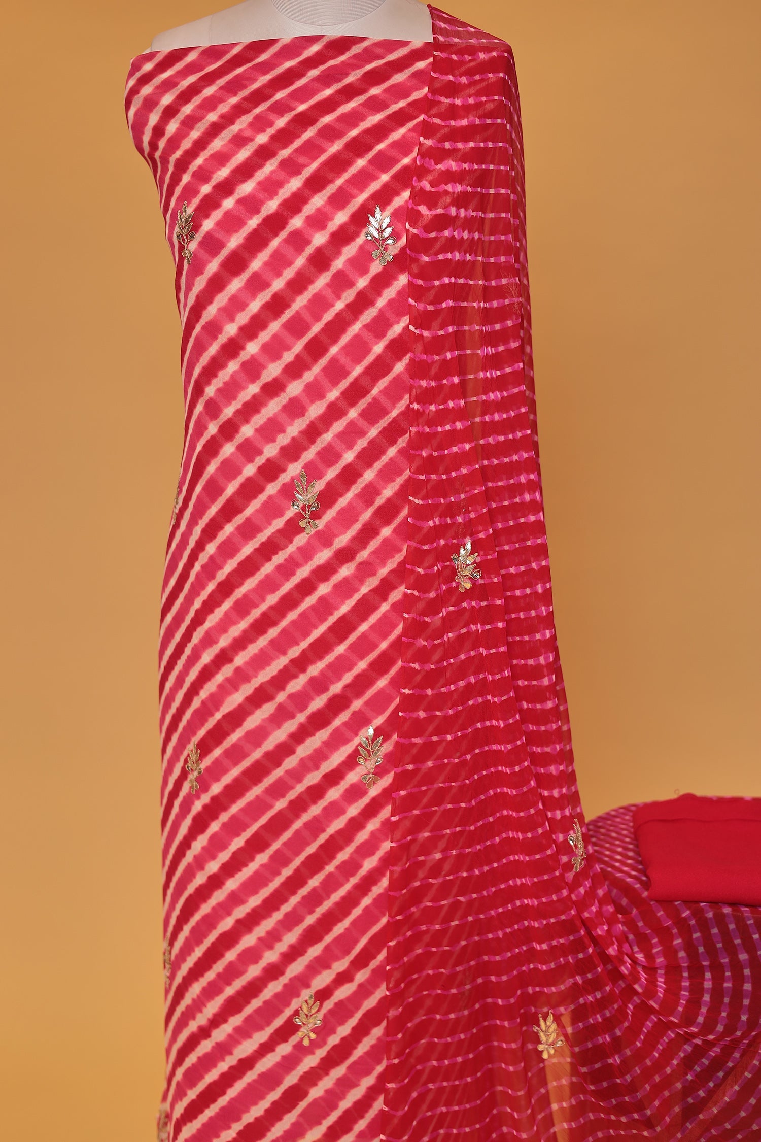 Leheriya Chinon Unstitched Suit with Dori and Gota Patti work