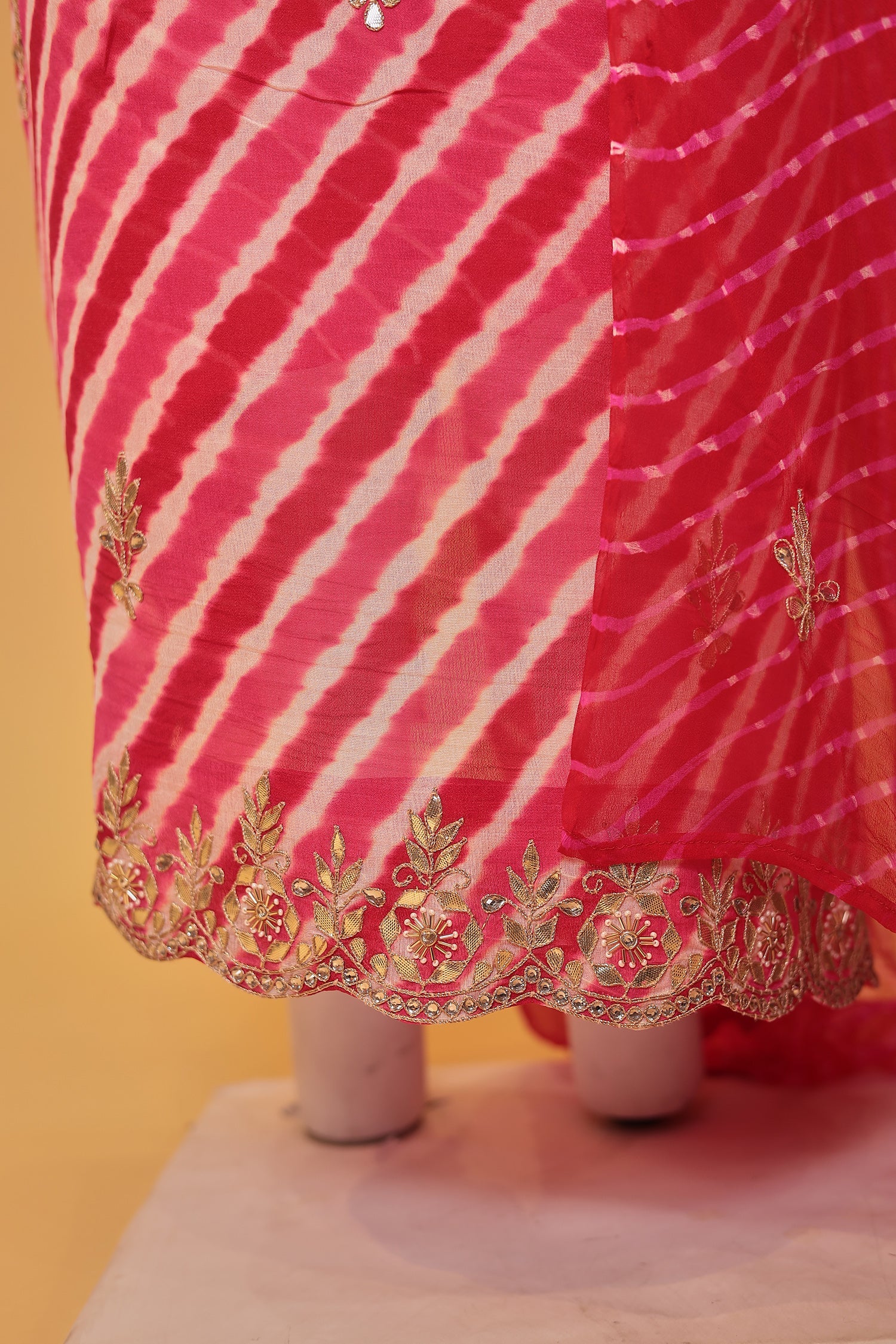 Leheriya Chinon Unstitched Suit with Dori and Gota Patti work