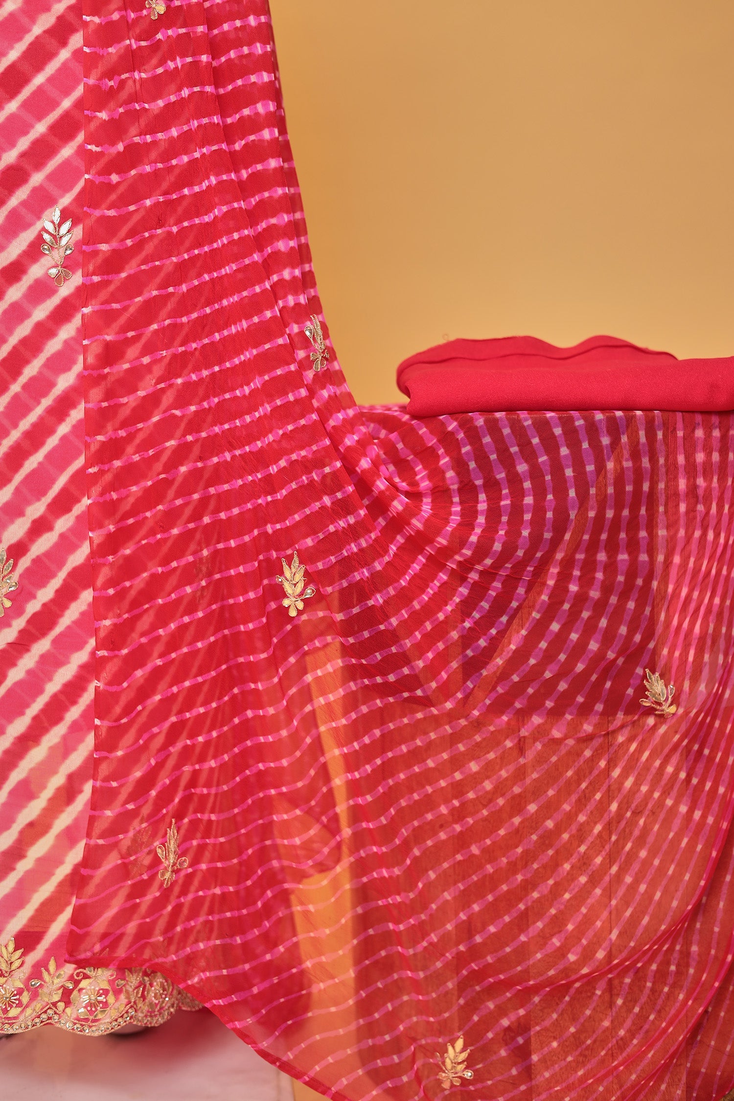 Leheriya Chinon Unstitched Suit with Dori and Gota Patti work