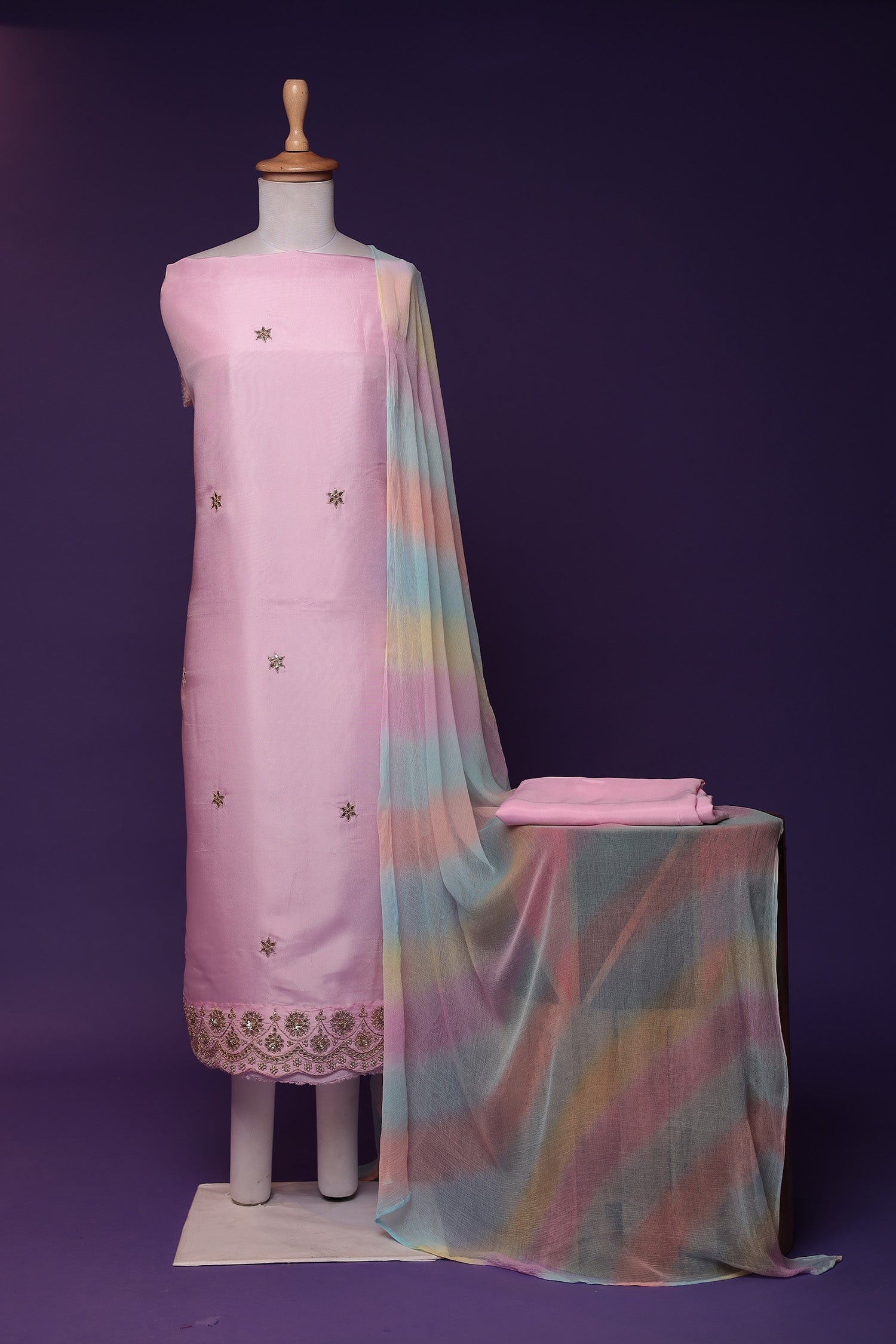 Silk Unstitched Suit with Dori, Gota Patti and Pearl work