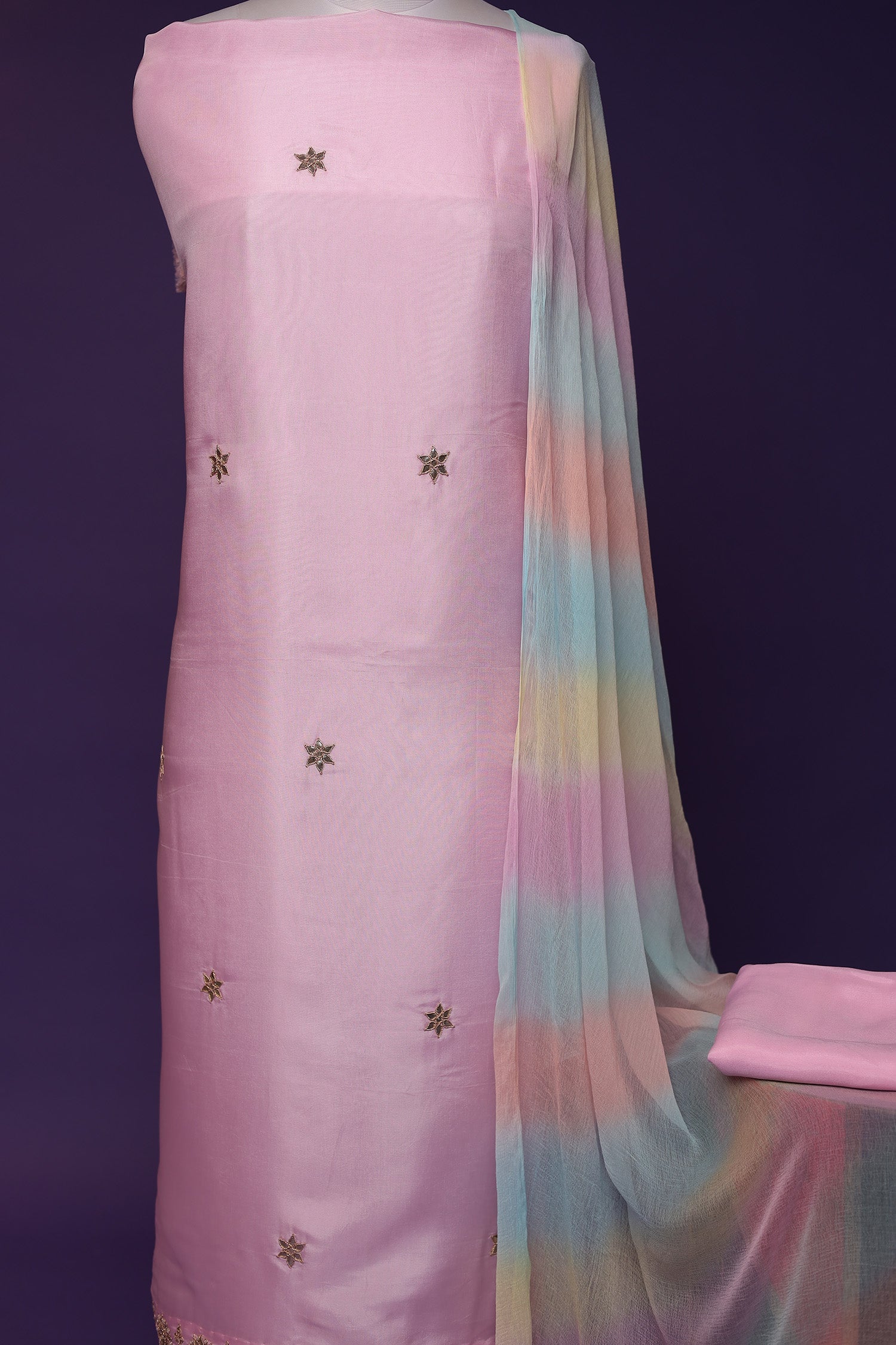 Silk Unstitched Suit with Dori, Gota Patti and Pearl work