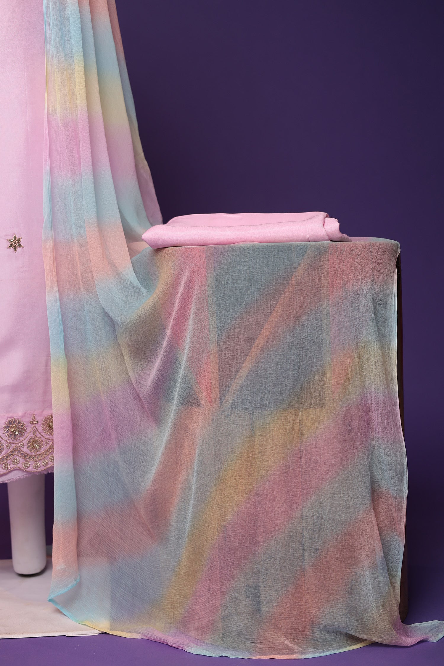 Silk Unstitched Suit with Dori, Gota Patti and Pearl work