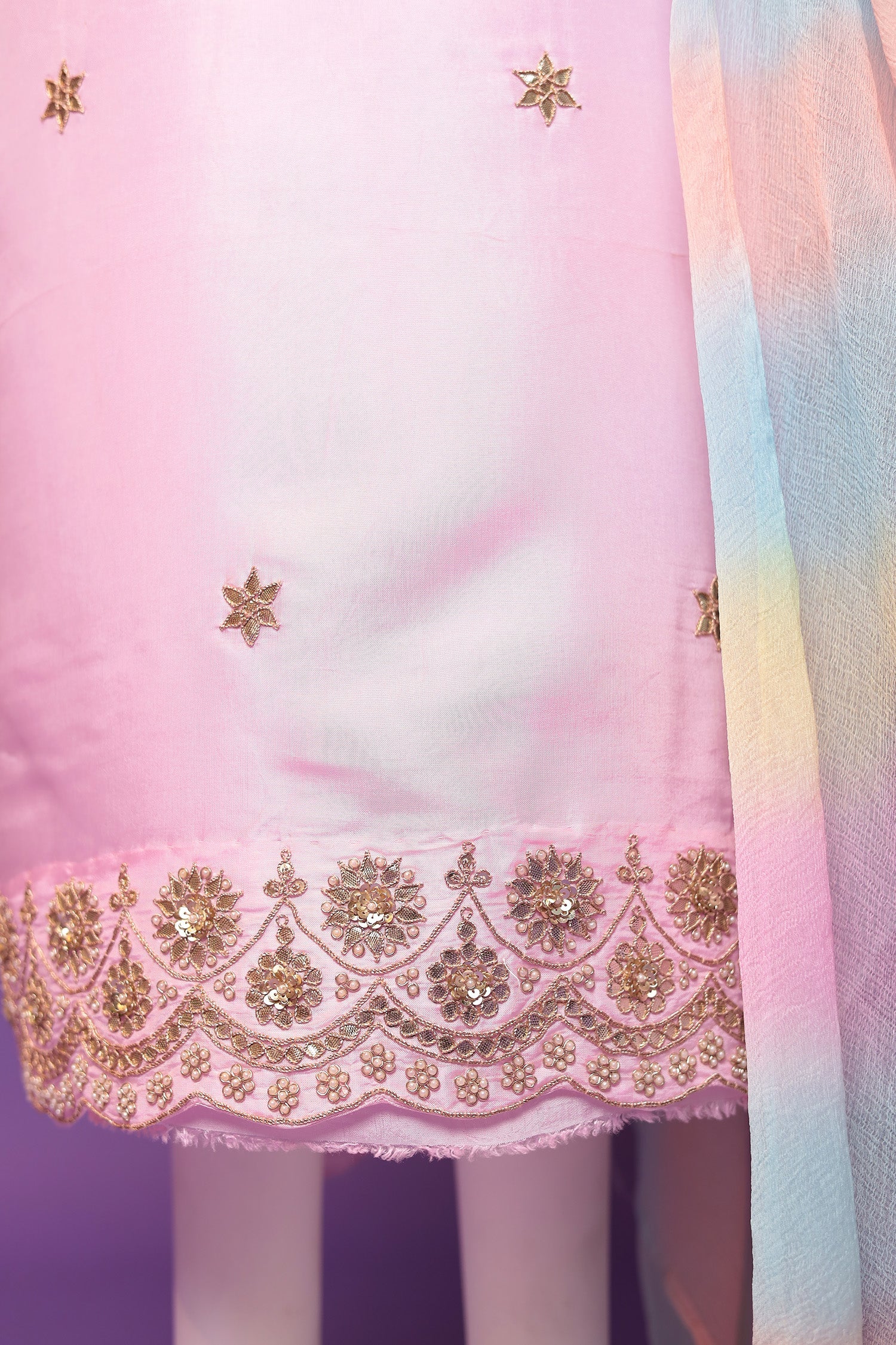 Silk Unstitched Suit with Dori, Gota Patti and Pearl work