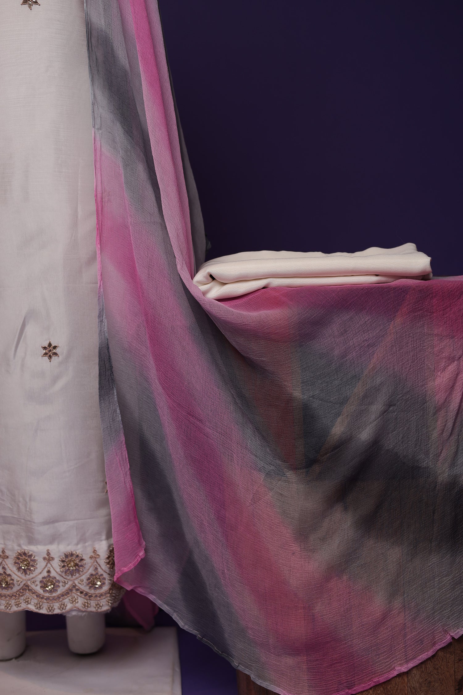 Silk Unstitched Suit with Dori, Gota Patti and Pearl work