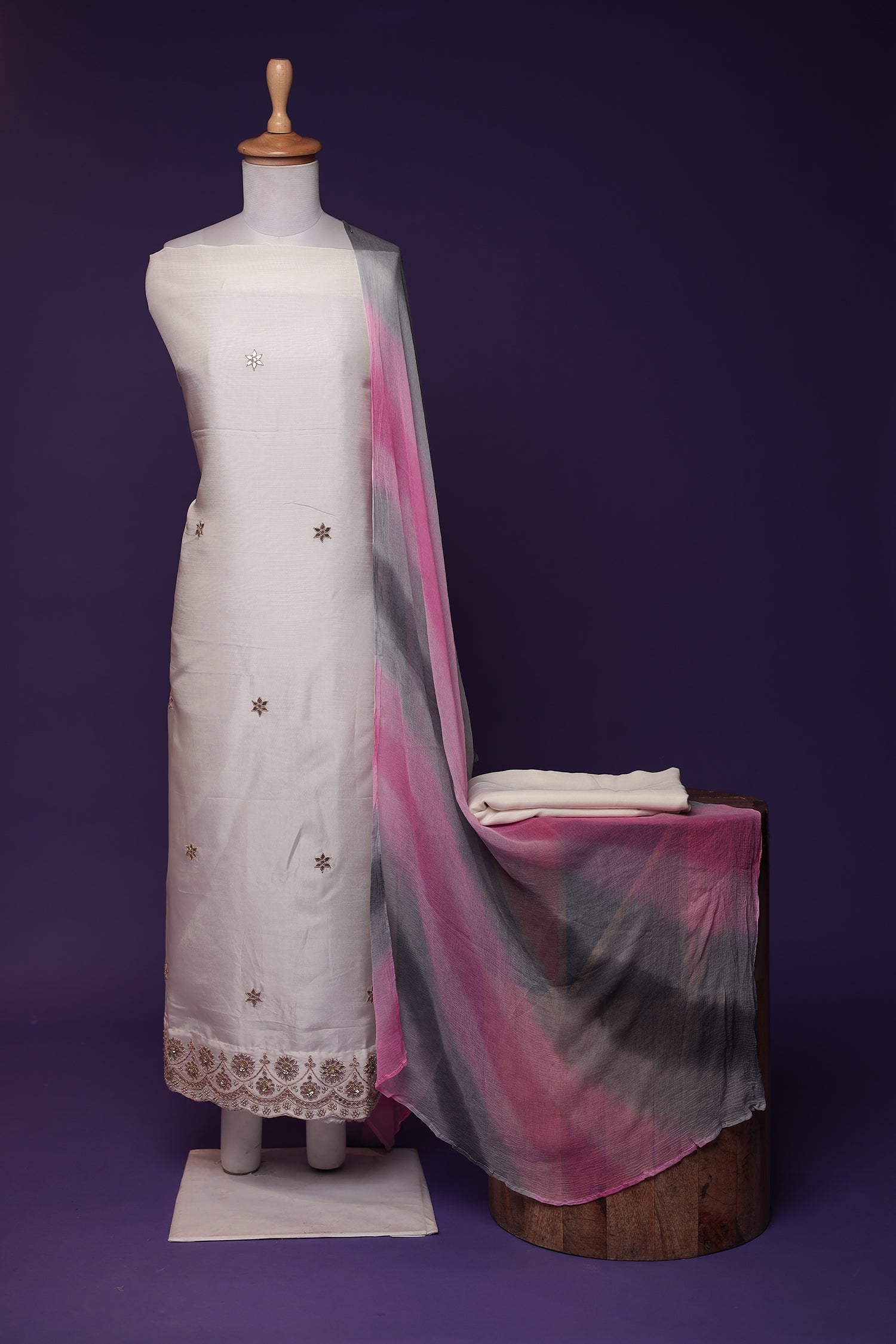Silk Unstitched Suit with Dori, Gota Patti and Pearl work