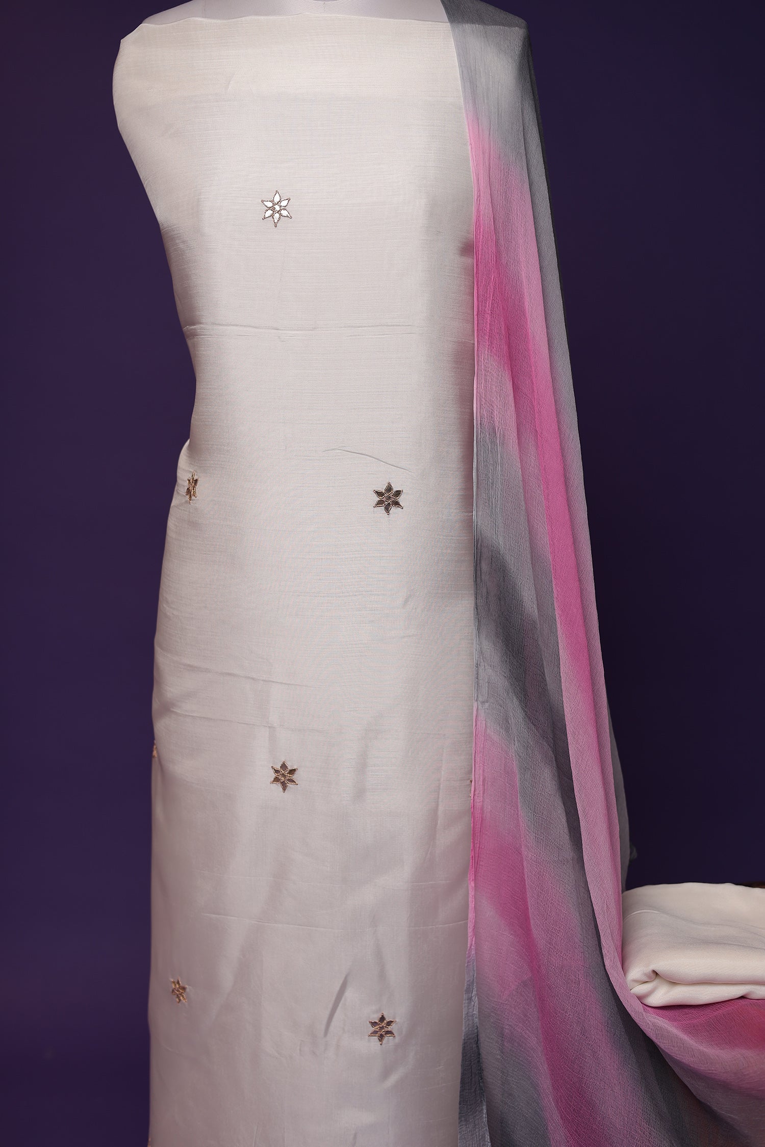 Silk Unstitched Suit with Dori, Gota Patti and Pearl work