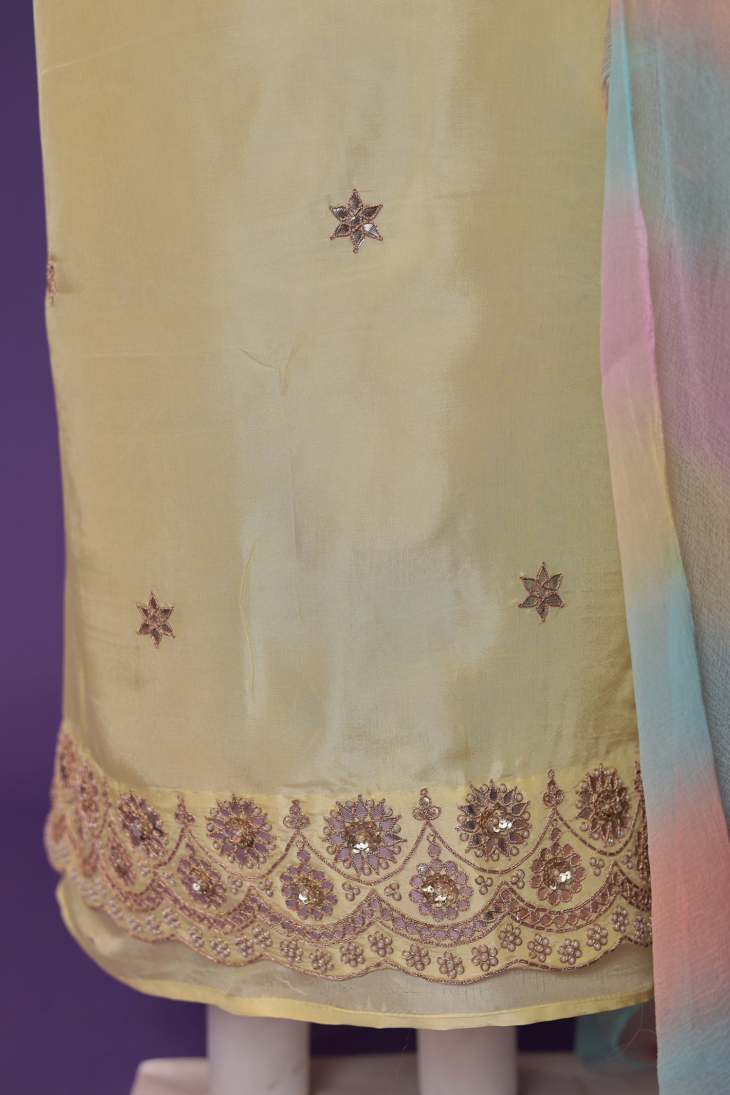 Silk Unstitched Suit with Dori, Gota Patti and Pearl work