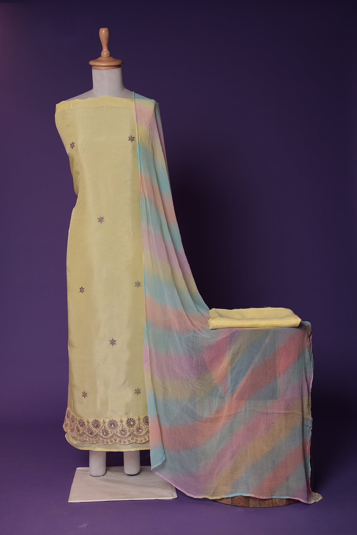 Silk Unstitched Suit with Dori, Gota Patti and Pearl work