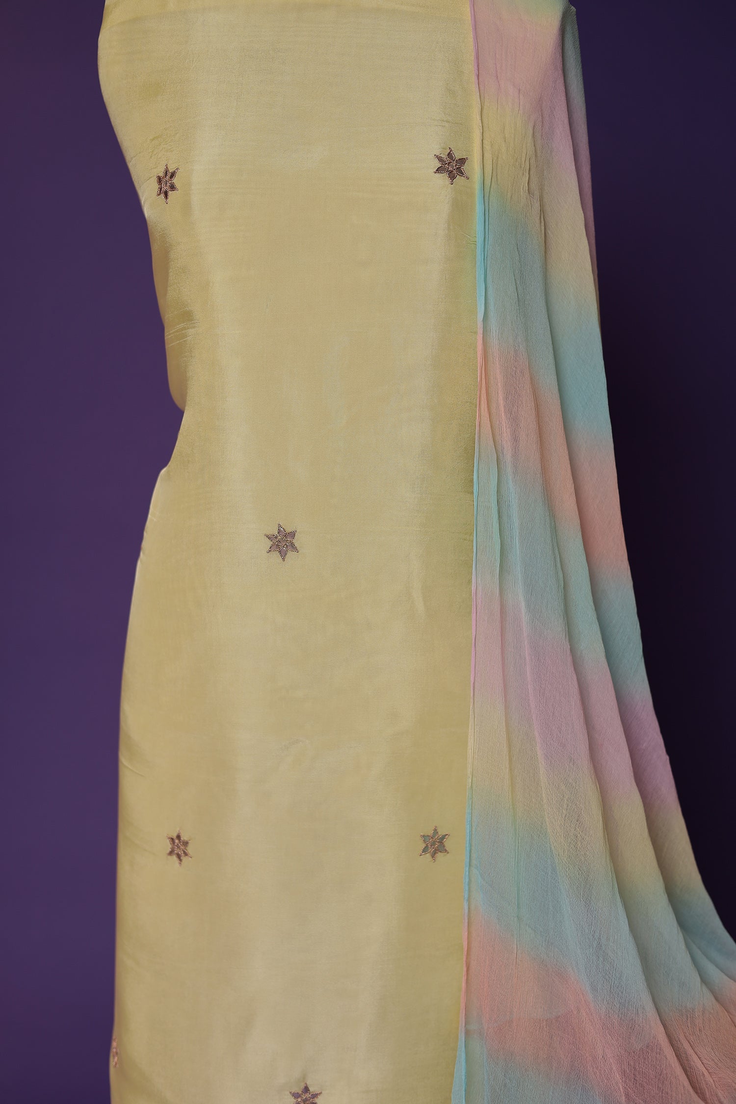 Silk Unstitched Suit with Dori, Gota Patti and Pearl work