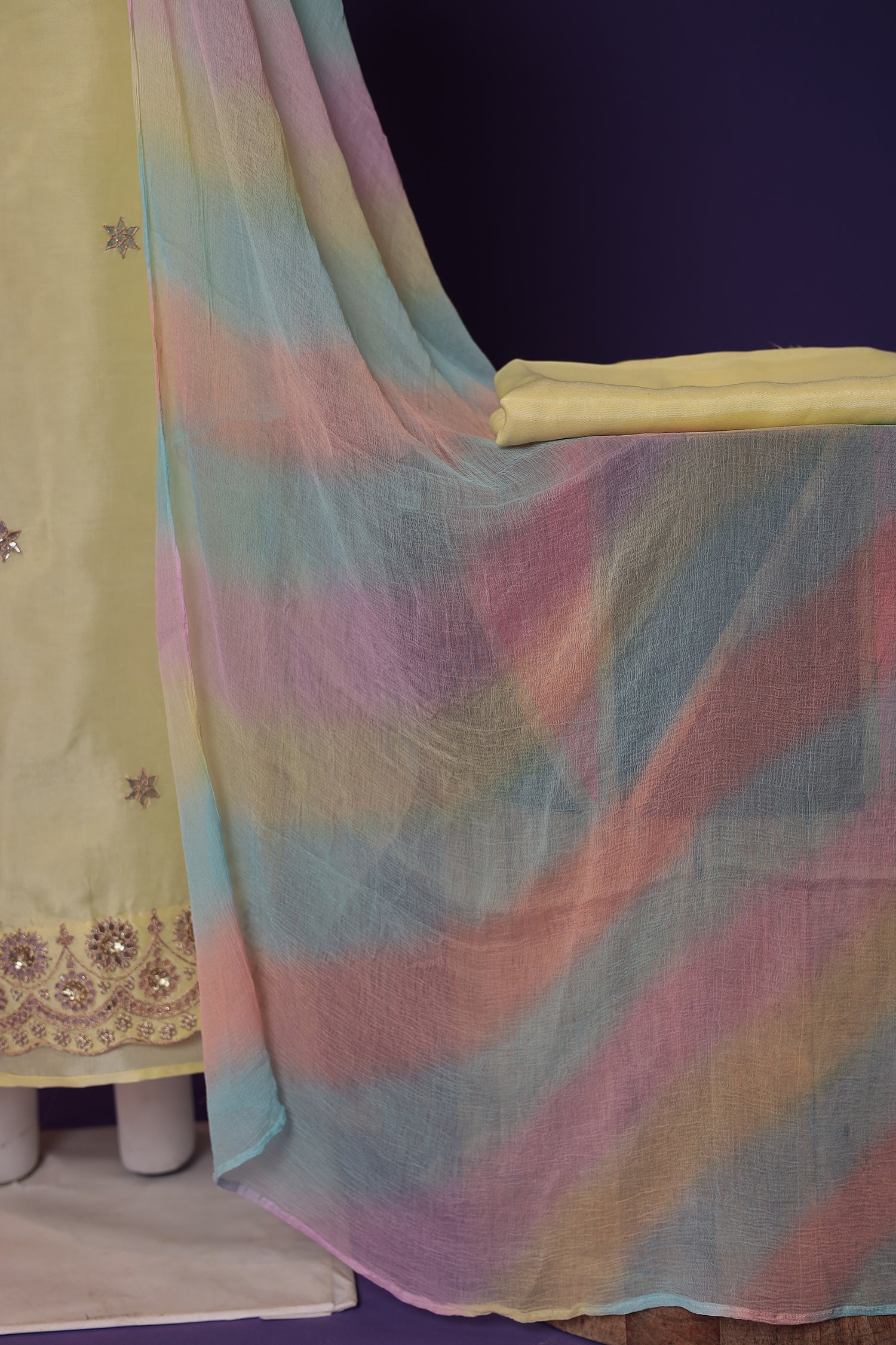 Silk Unstitched Suit with Dori, Gota Patti and Pearl work