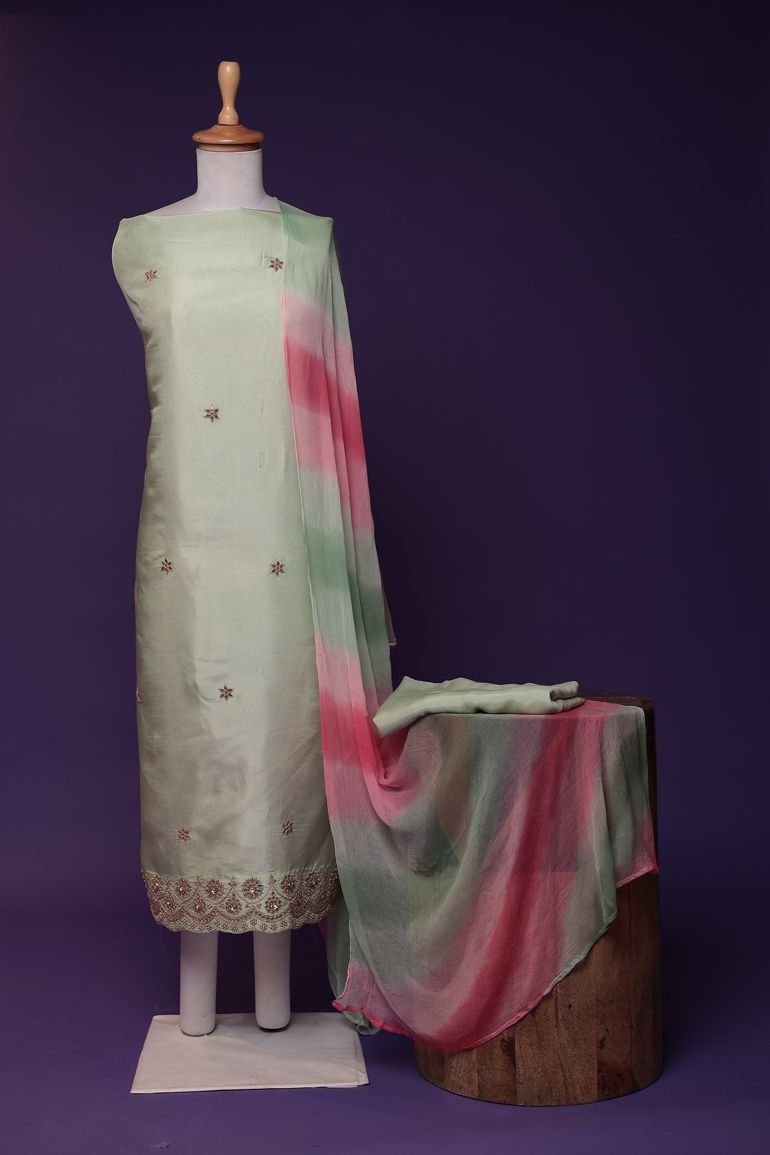 Silk Unstitched Suit with Dori, Gota Patti and Pearl work