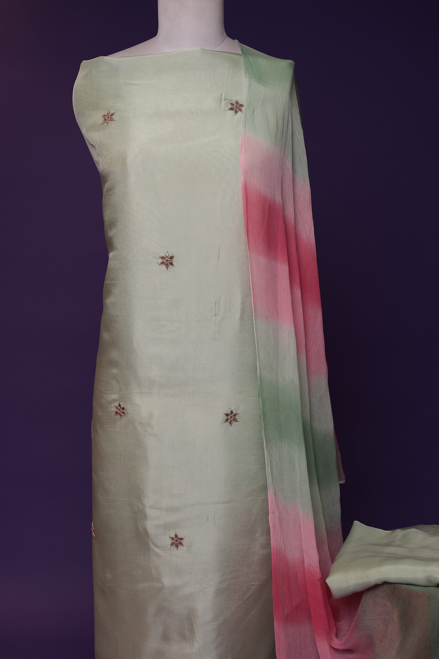 Silk Unstitched Suit with Dori, Gota Patti and Pearl work