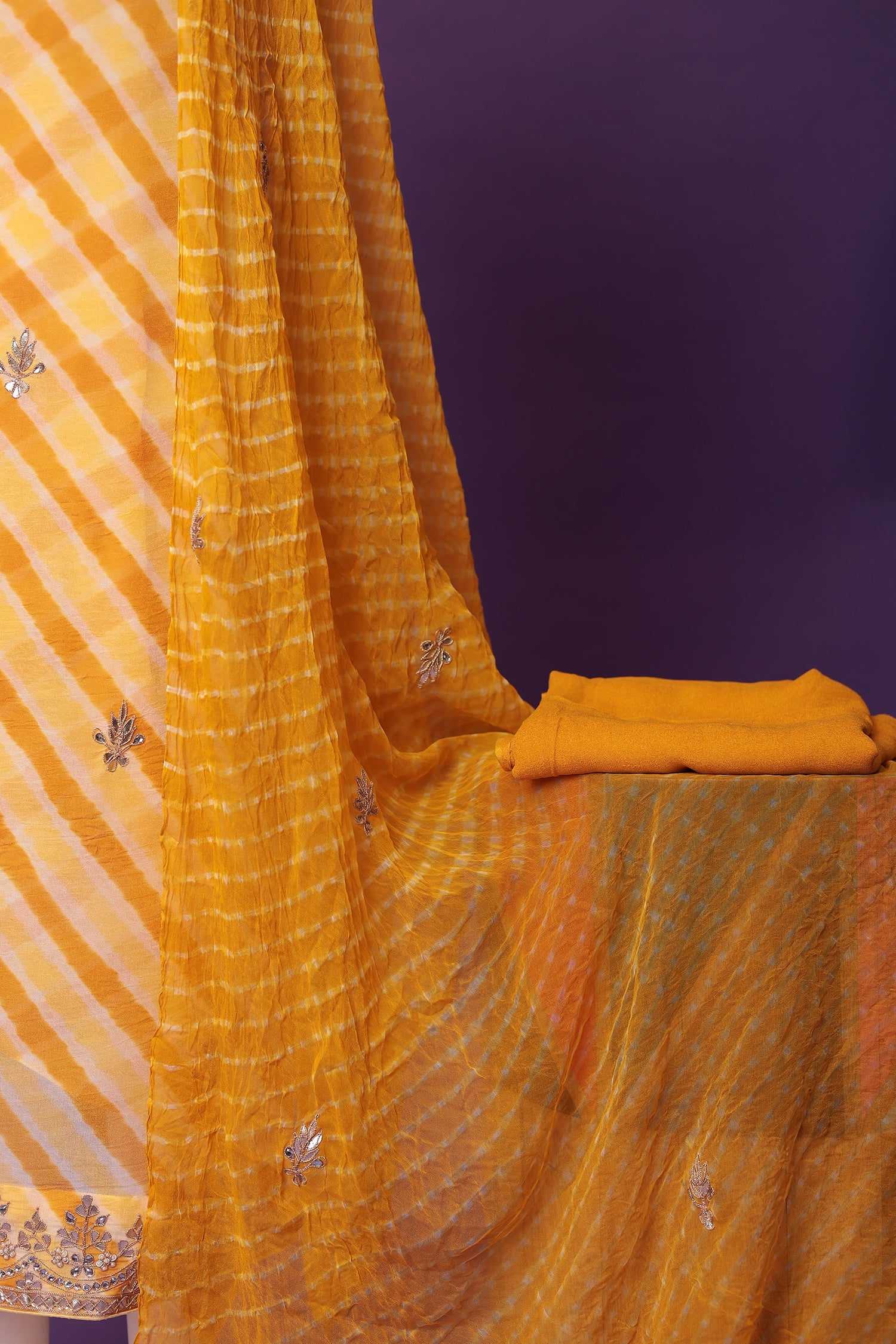 Leheriya Chinon Unstitched Suit with Dori and Gota Patti work