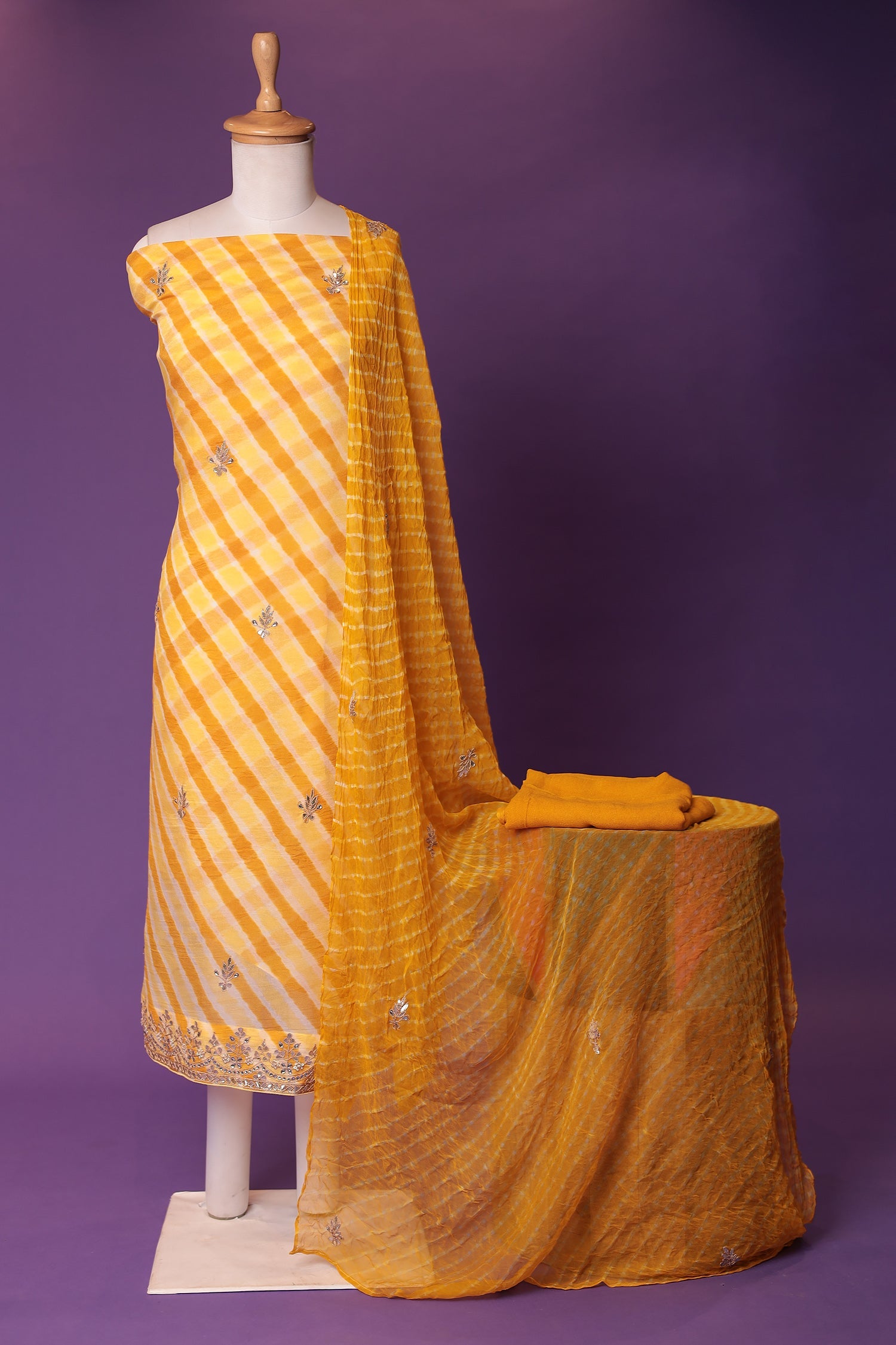 Leheriya Chinon Unstitched Suit with Dori and Gota Patti work