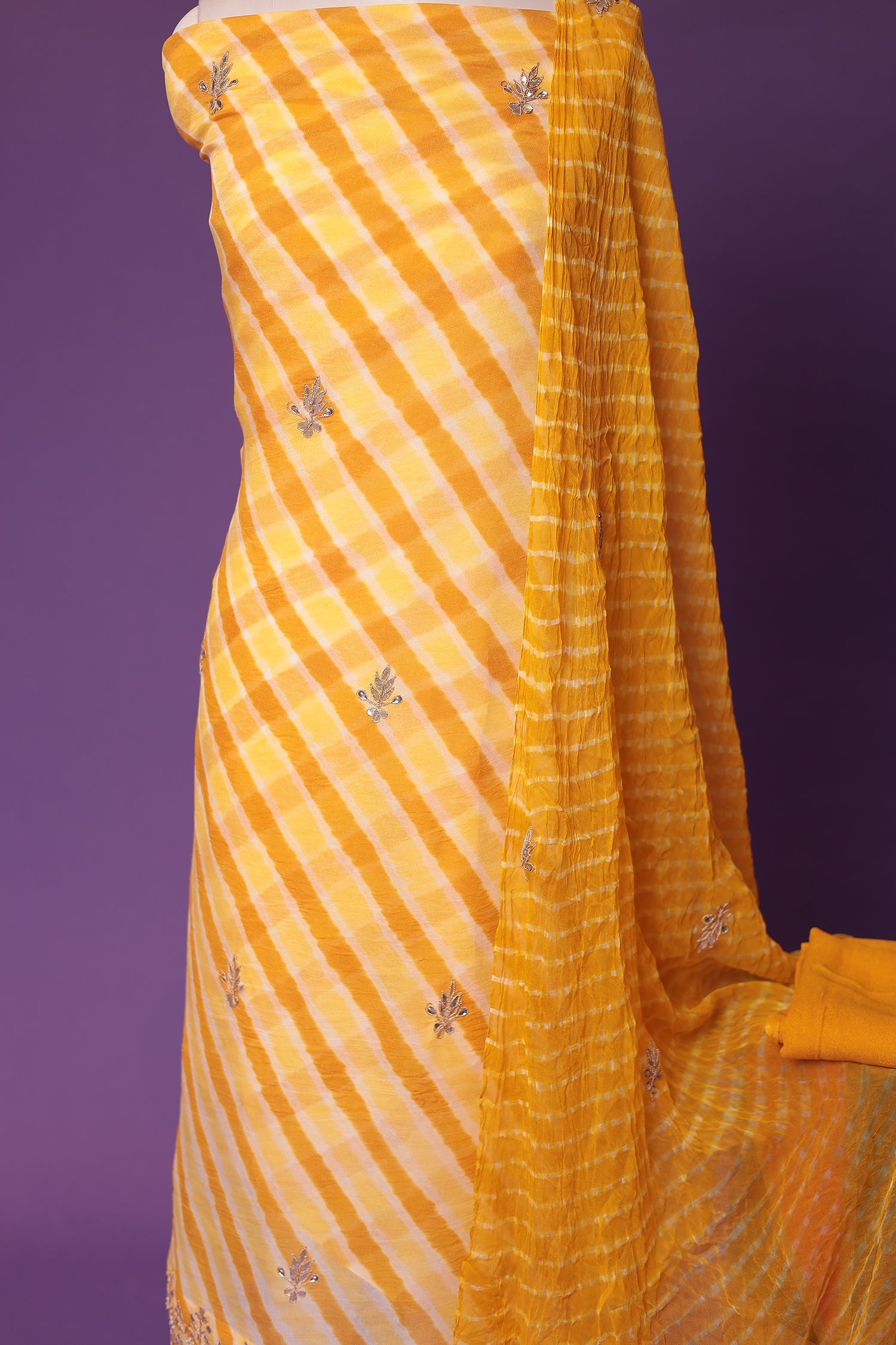 Leheriya Chinon Unstitched Suit with Dori and Gota Patti work