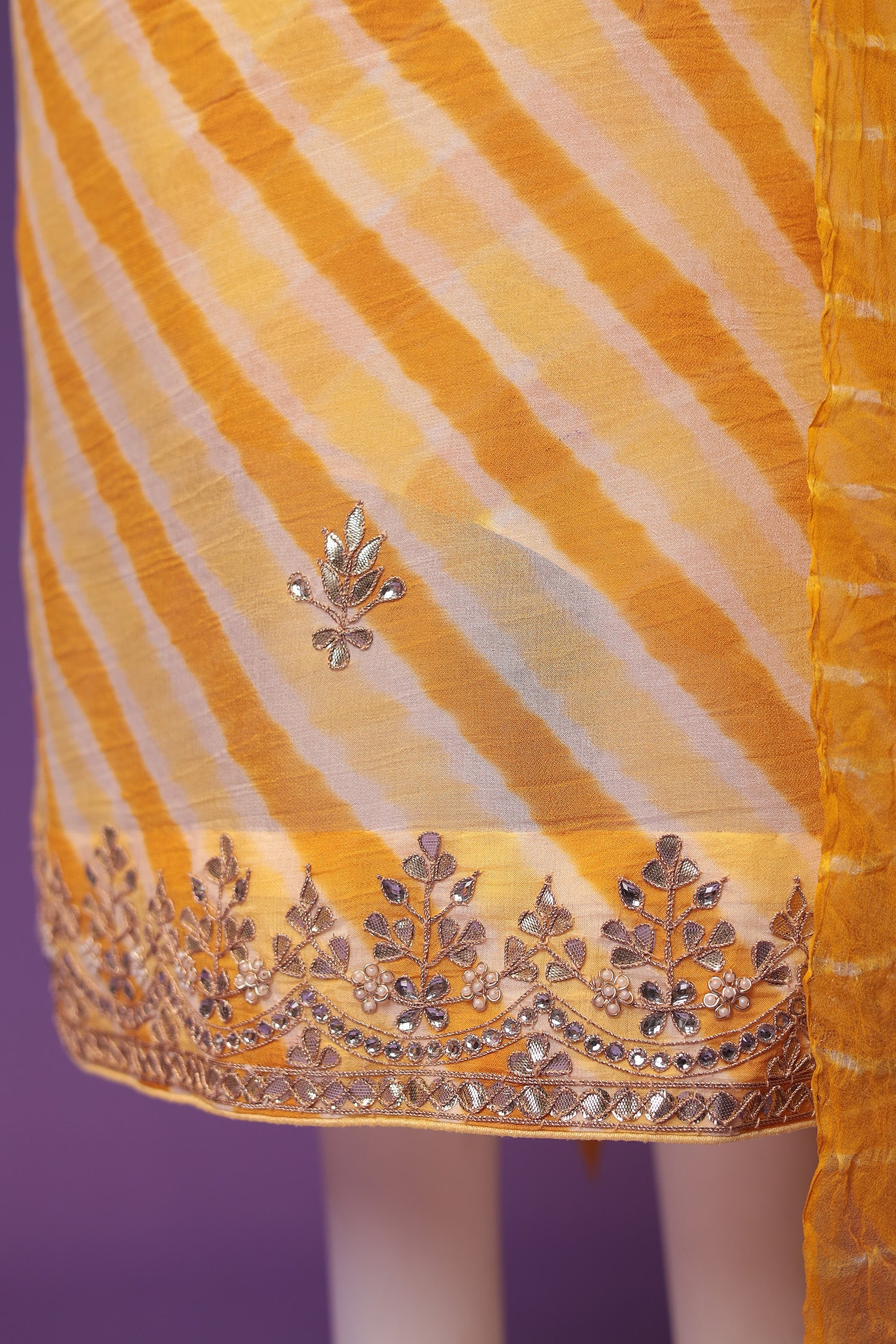 Leheriya Chinon Unstitched Suit with Dori and Gota Patti work