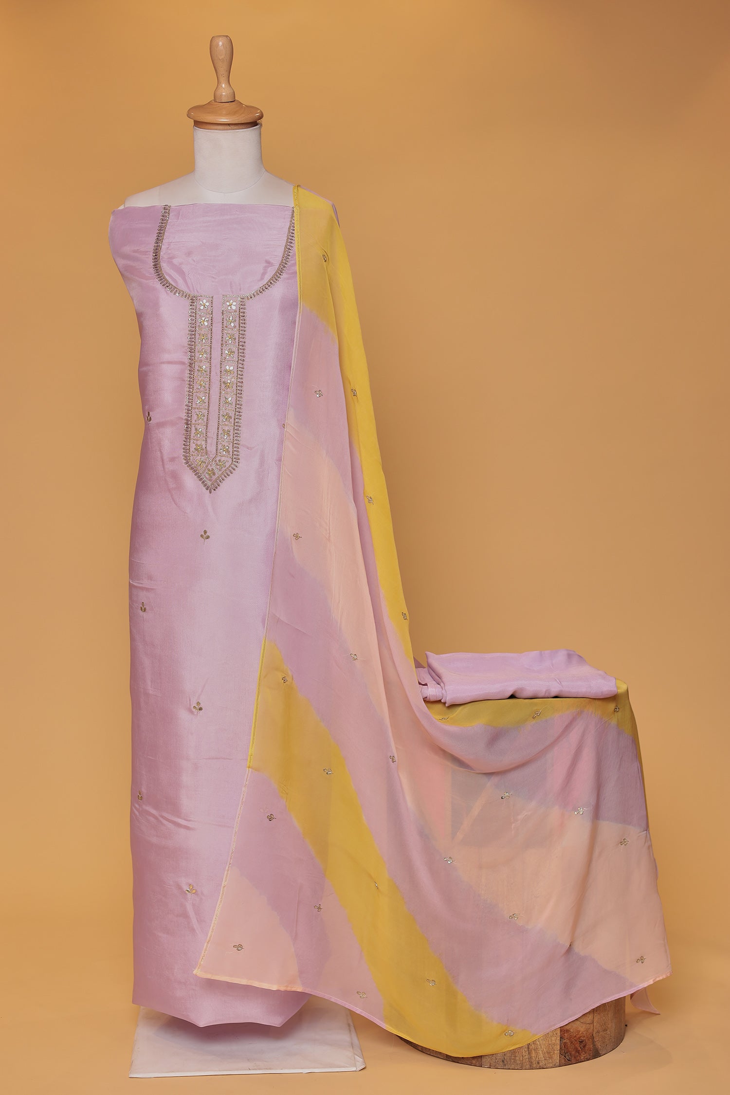 Silk Unstitched Suit with Aari, Gota Patti and Thread work