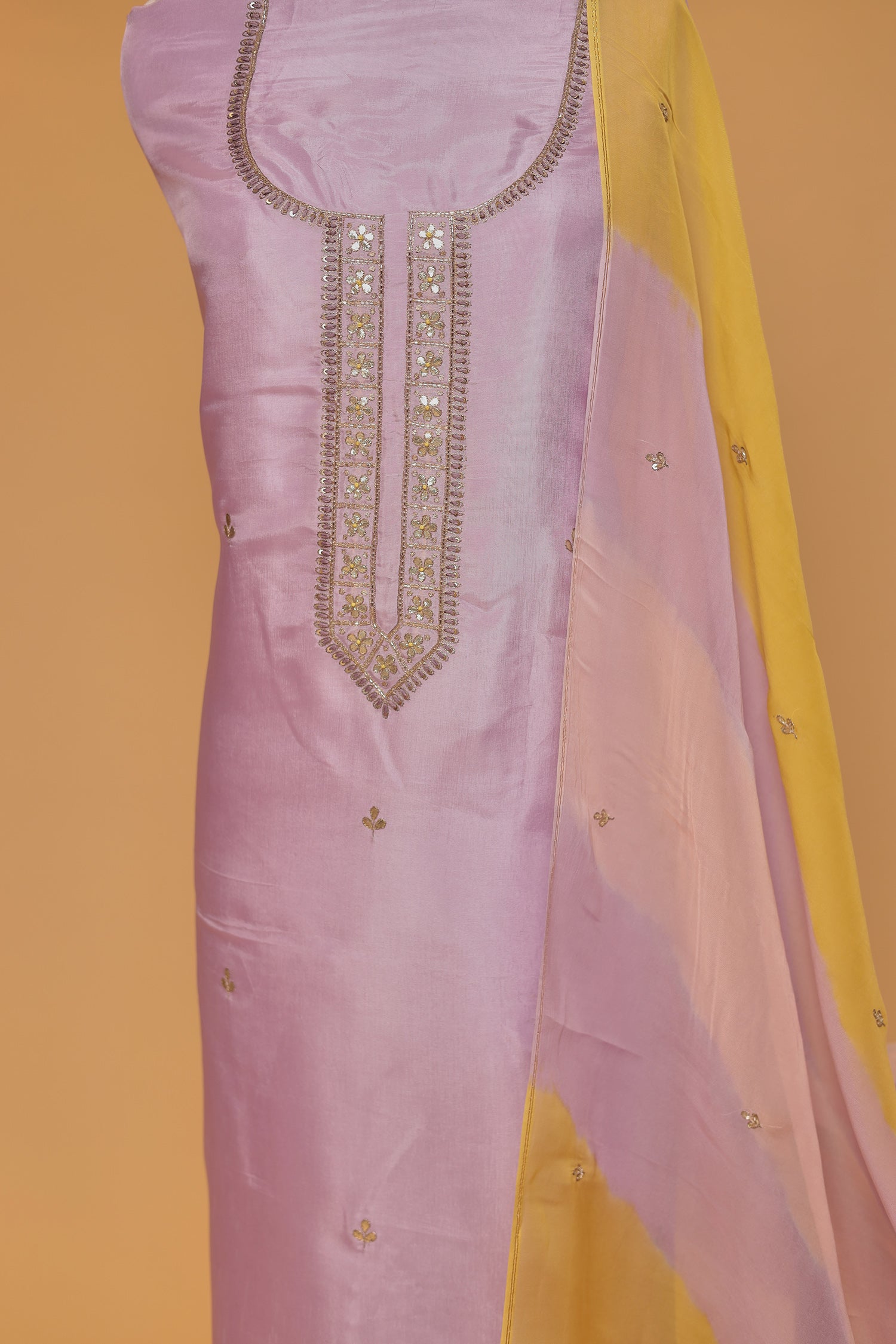 Silk Unstitched Suit with Aari, Gota Patti and Thread work