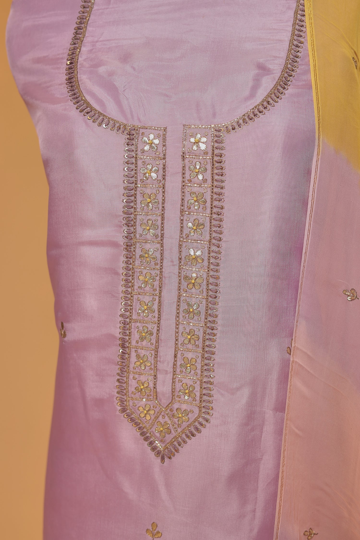 Silk Unstitched Suit with Aari, Gota Patti and Thread work