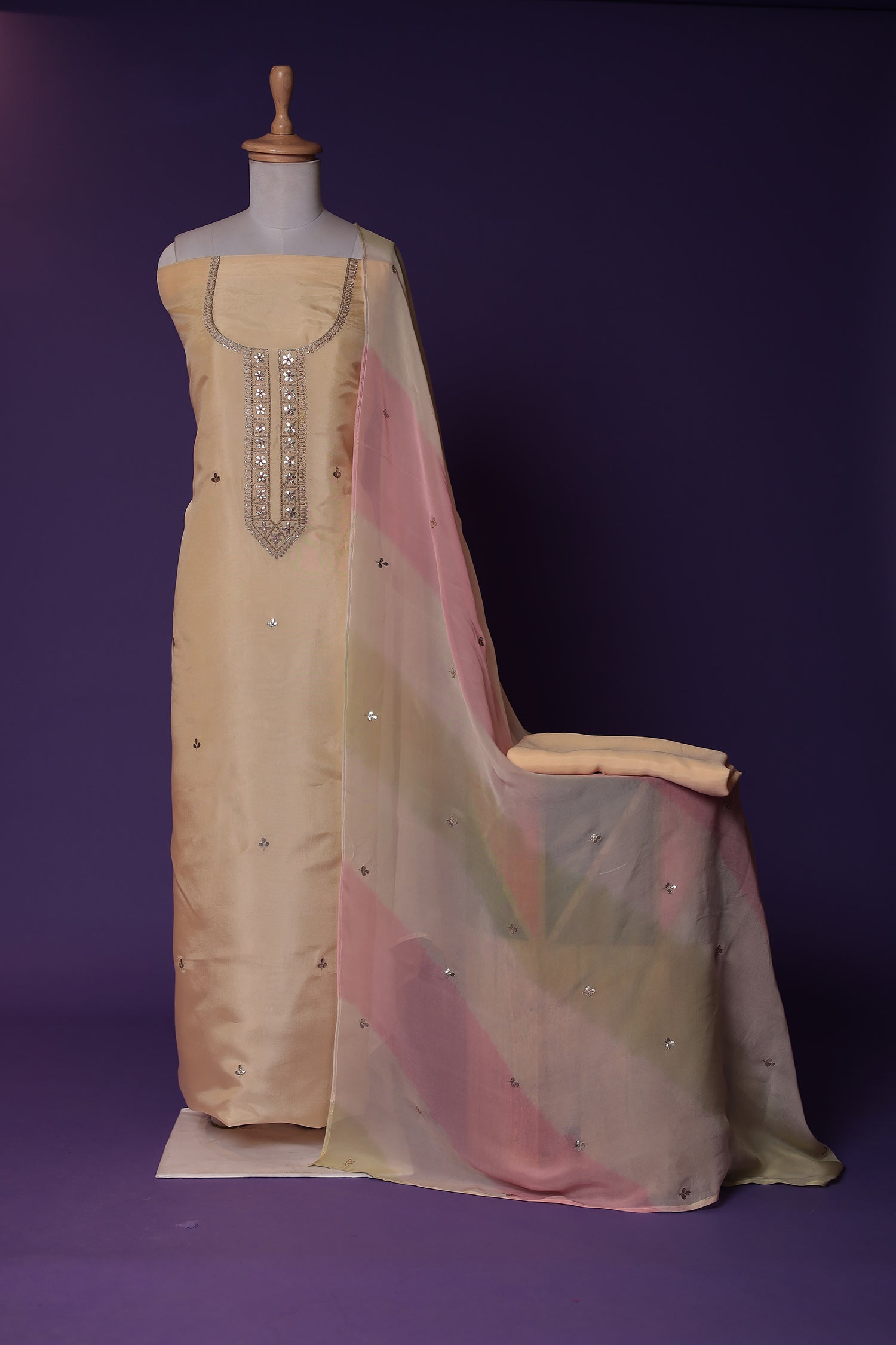 Silk Unstitched Suit with Aari, Gota Patti and Thread work