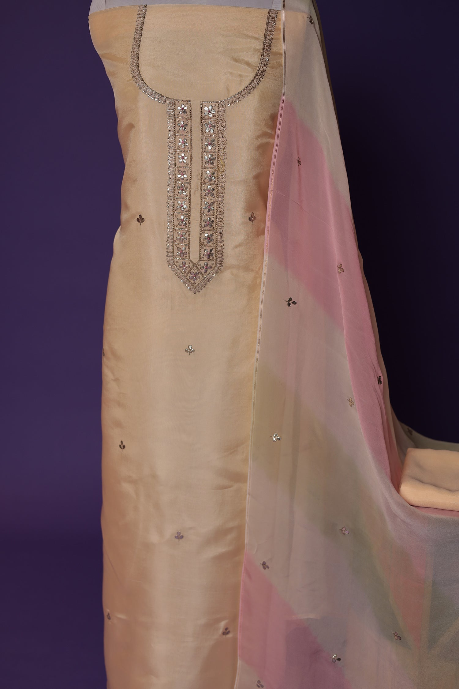 Silk Unstitched Suit with Aari, Gota Patti and Thread work