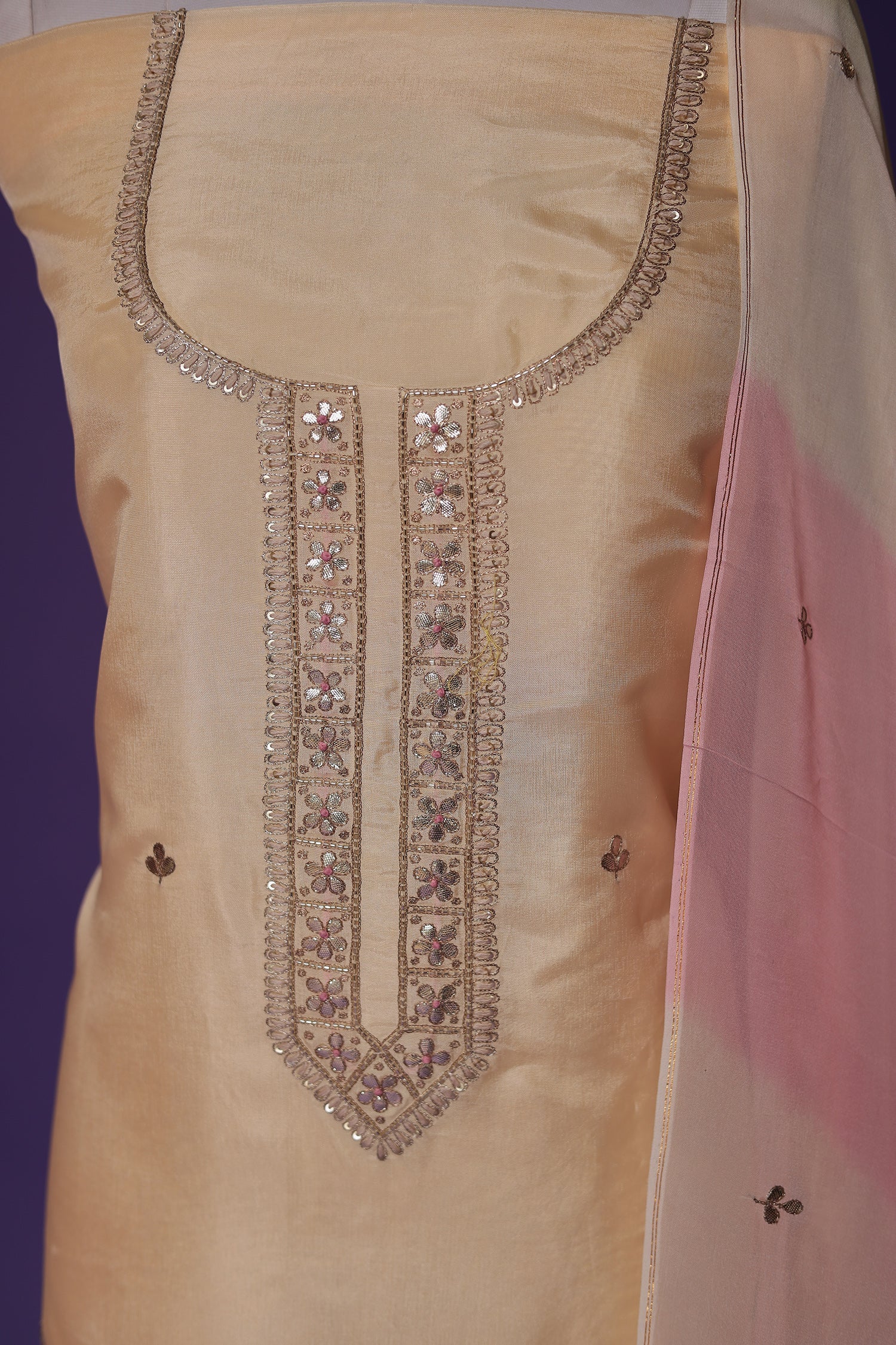 Silk Unstitched Suit with Aari, Gota Patti and Thread work