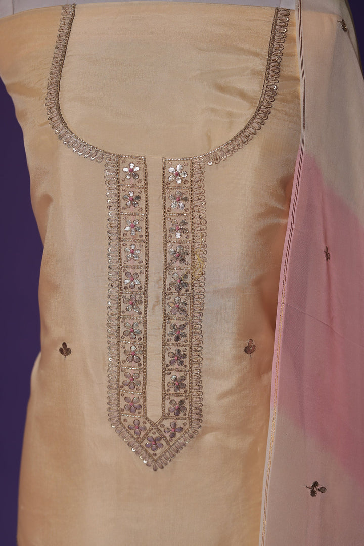 Silk Unstitched Suit with Aari, Gota Patti and Thread work