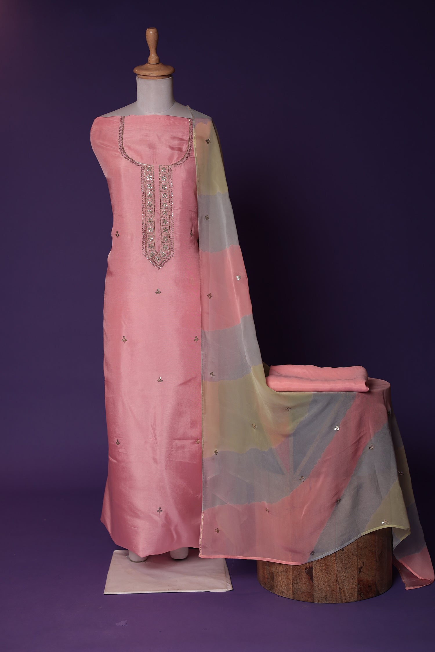 Silk Unstitched Suit with Aari, Gota Patti and Thread work