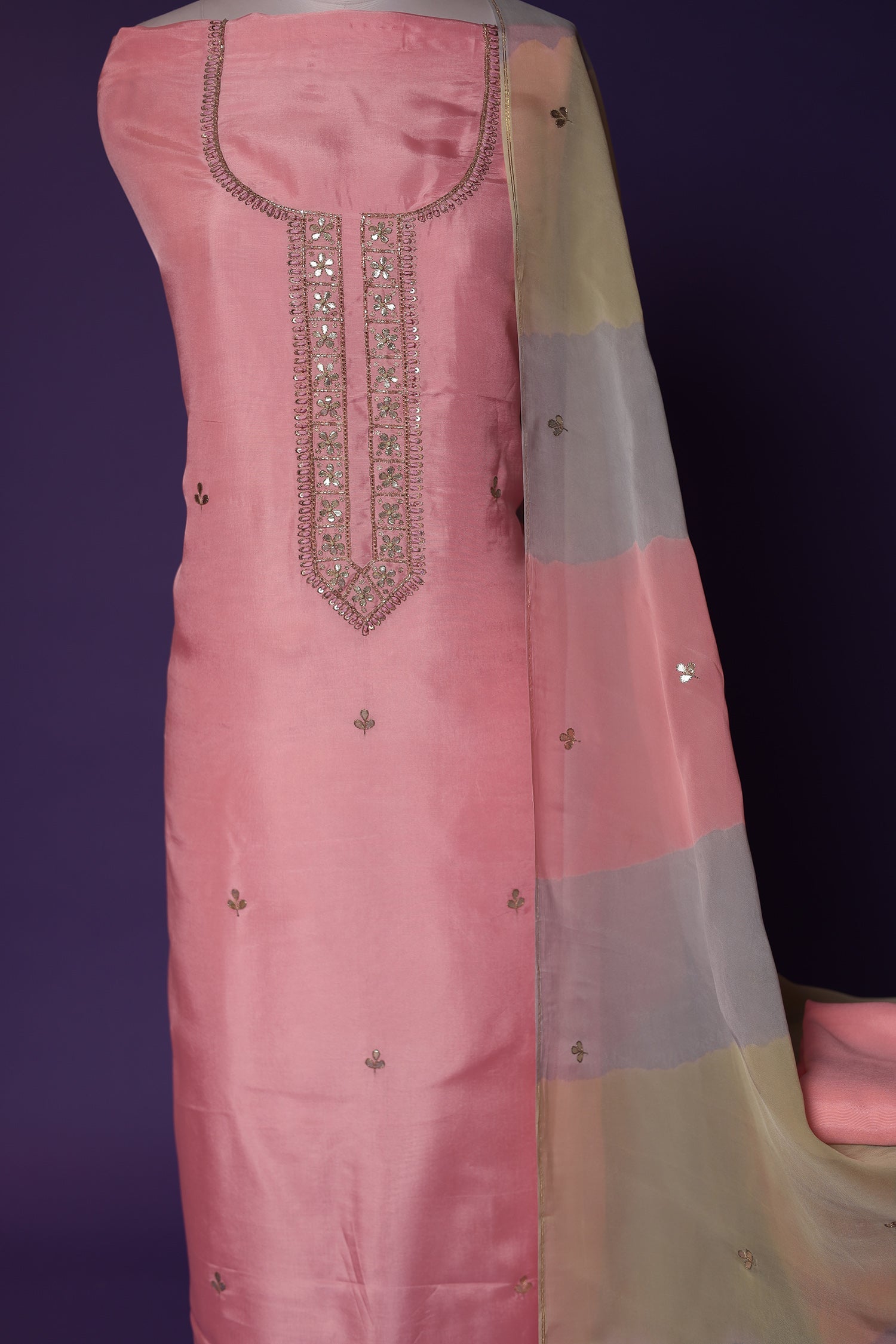 Silk Unstitched Suit with Aari, Gota Patti and Thread work