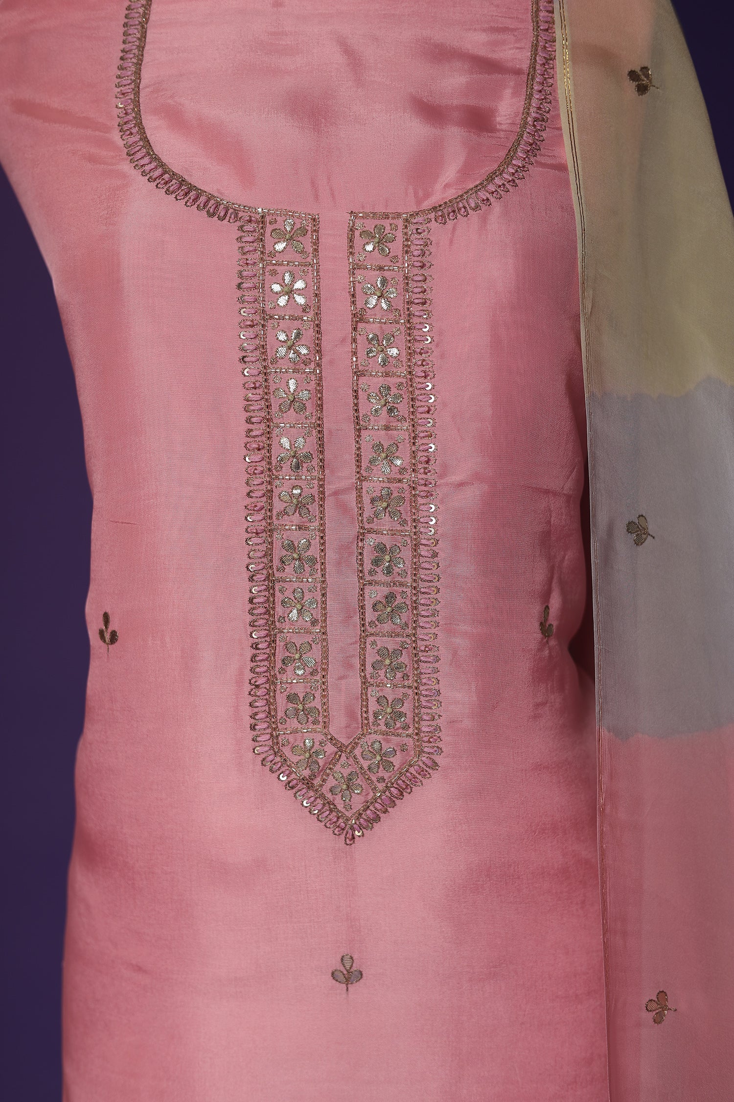 Silk Unstitched Suit with Aari, Gota Patti and Thread work