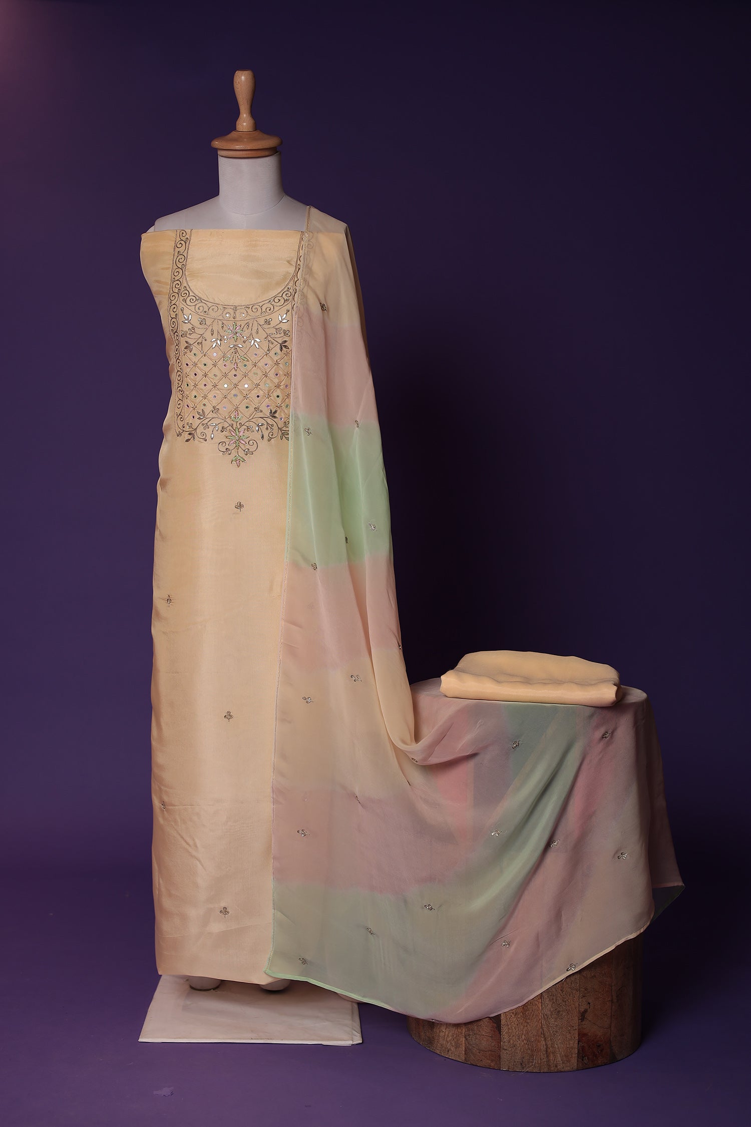 Silk Unstitched Suit with Aari, Gota Patti and Thread work