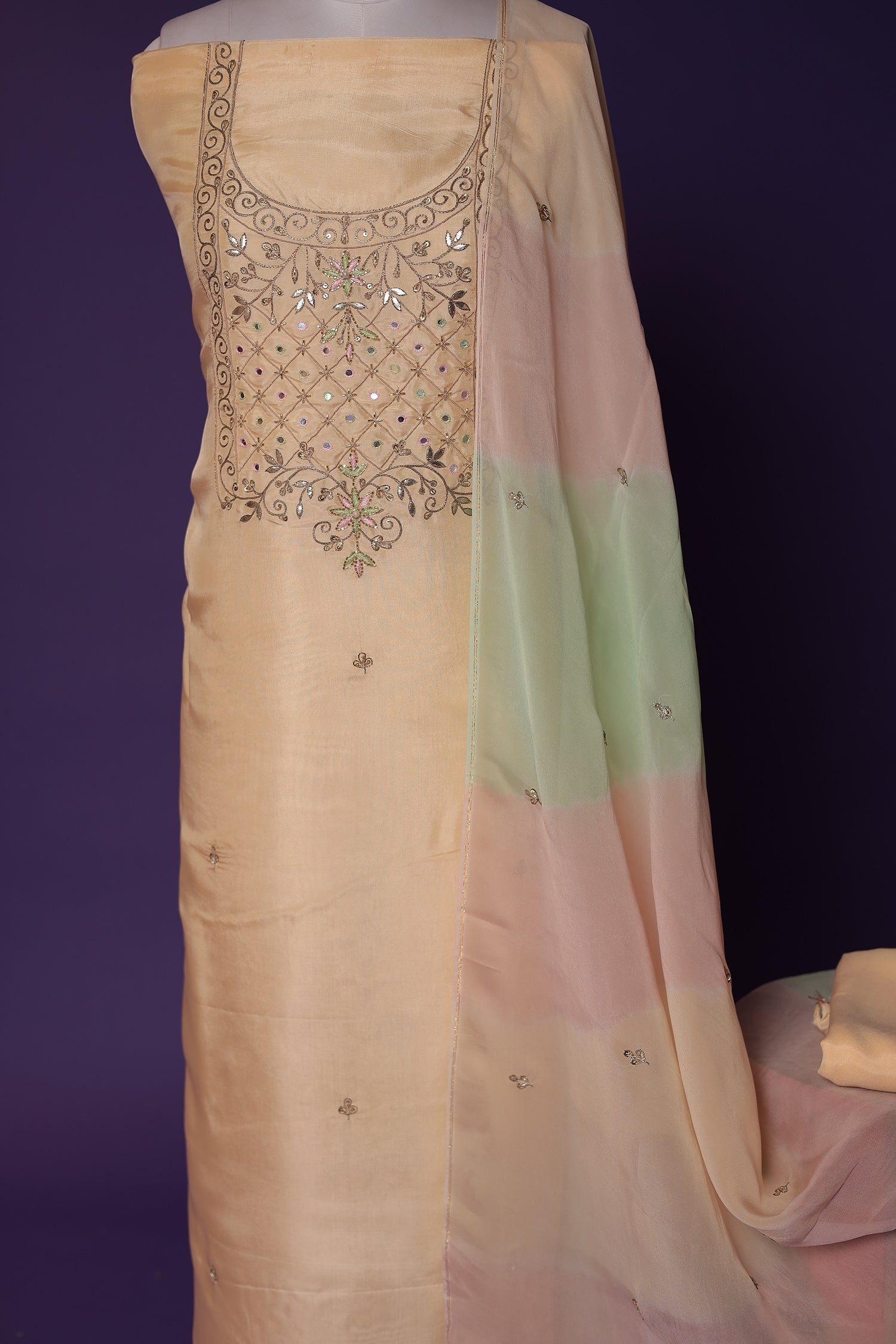 Silk Unstitched Suit with Aari, Gota Patti and Thread work