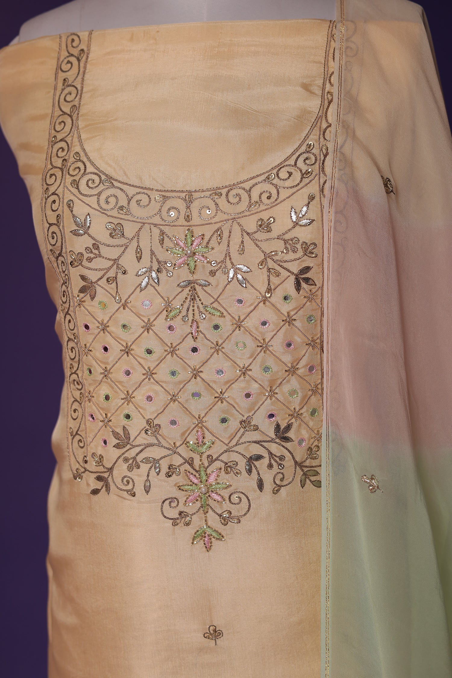 Silk Unstitched Suit with Aari, Gota Patti and Thread work