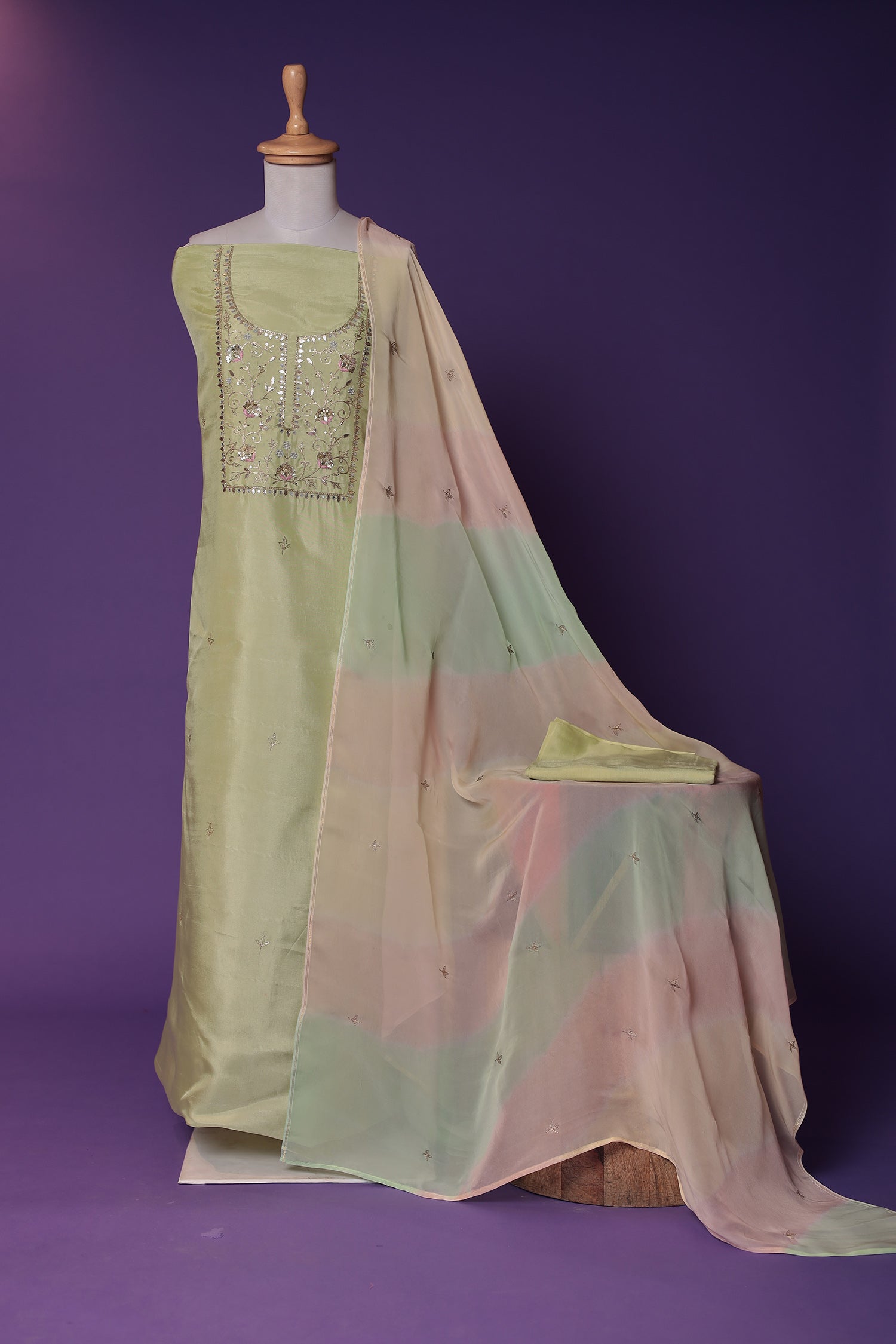 Silk Unstitched Suit with Gota Patti, Sequins and Thread work