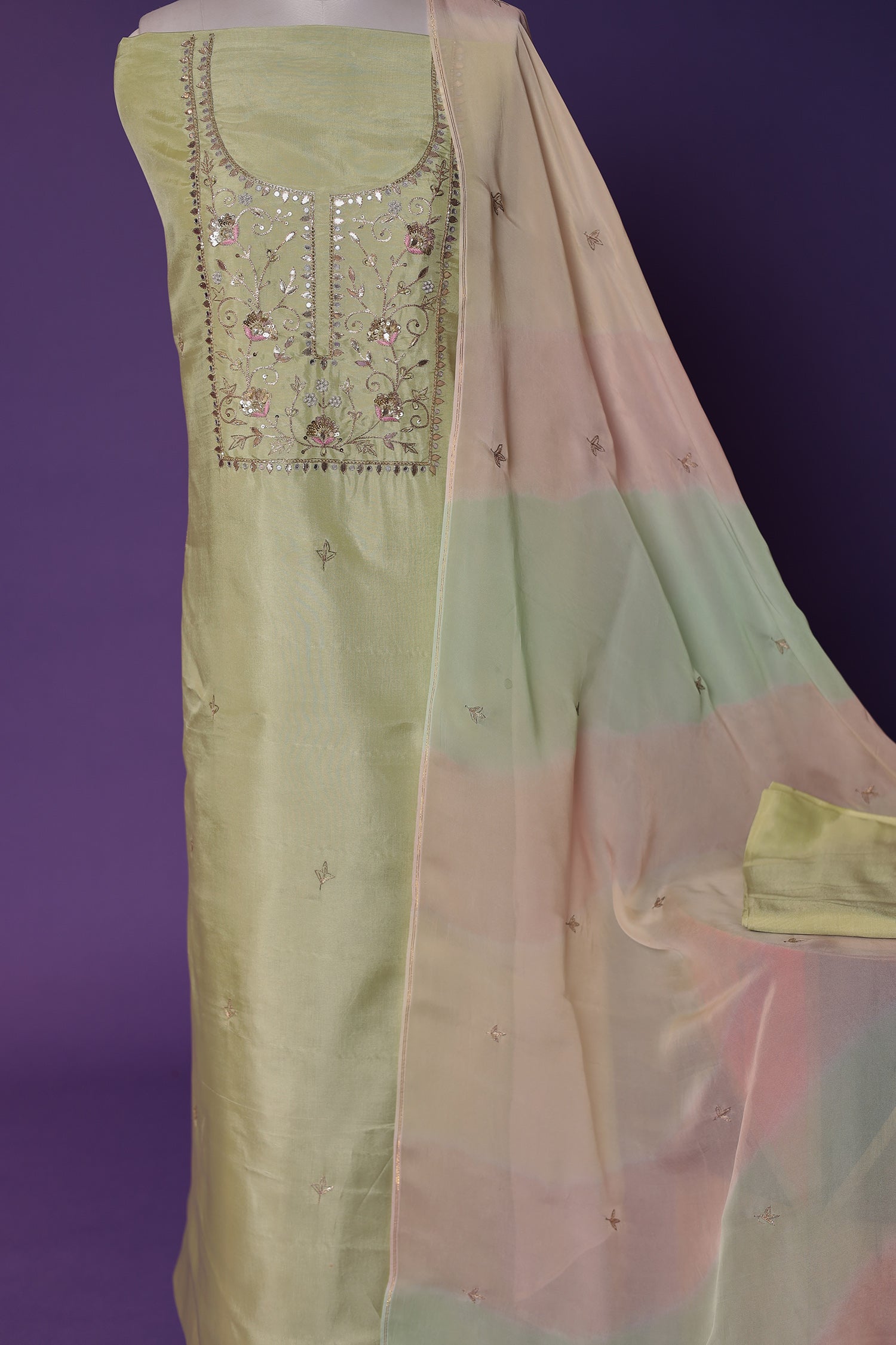 Silk Unstitched Suit with Gota Patti, Sequins and Thread work