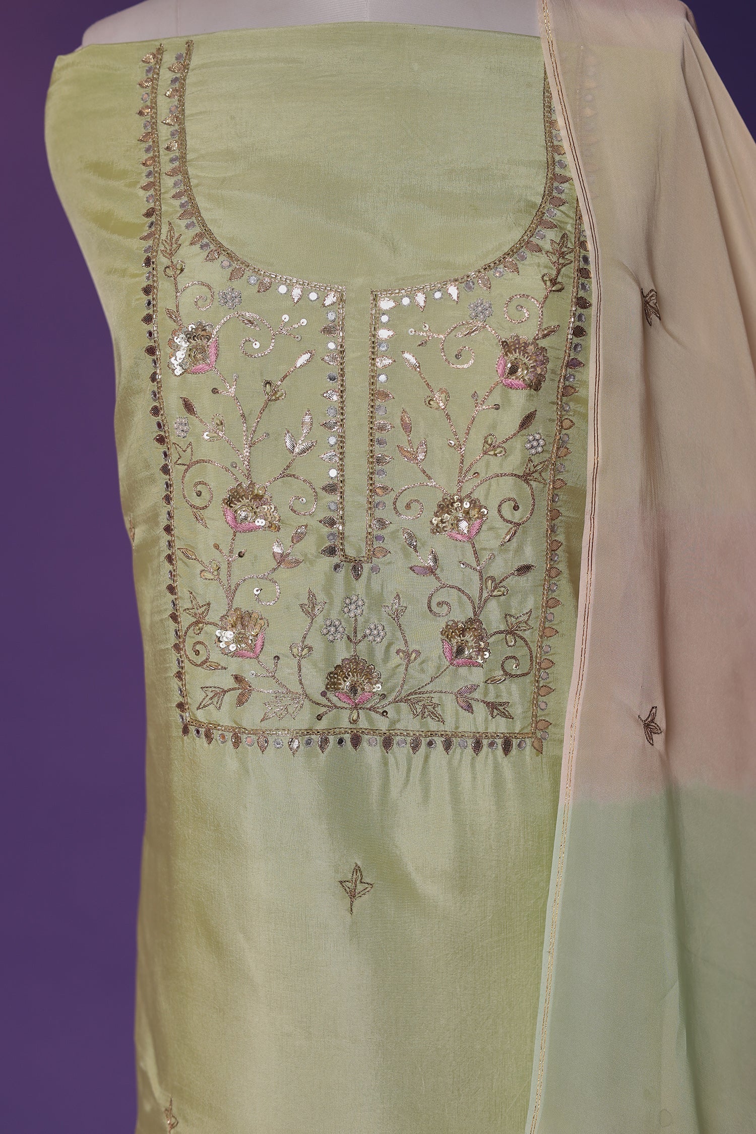 Silk Unstitched Suit with Gota Patti, Sequins and Thread work