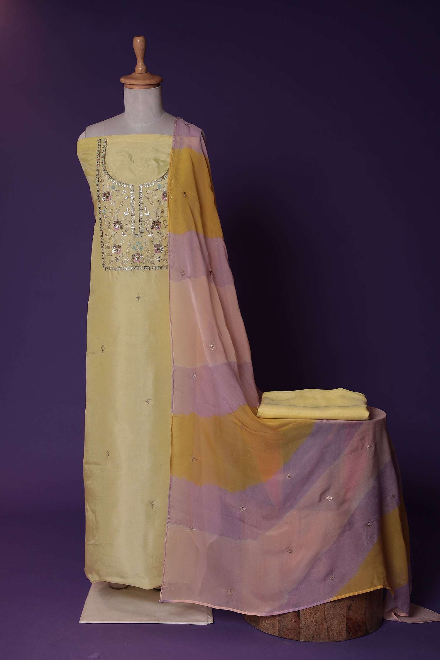 Silk Unstitched Suit with Gota Patti, Sequins and Thread work