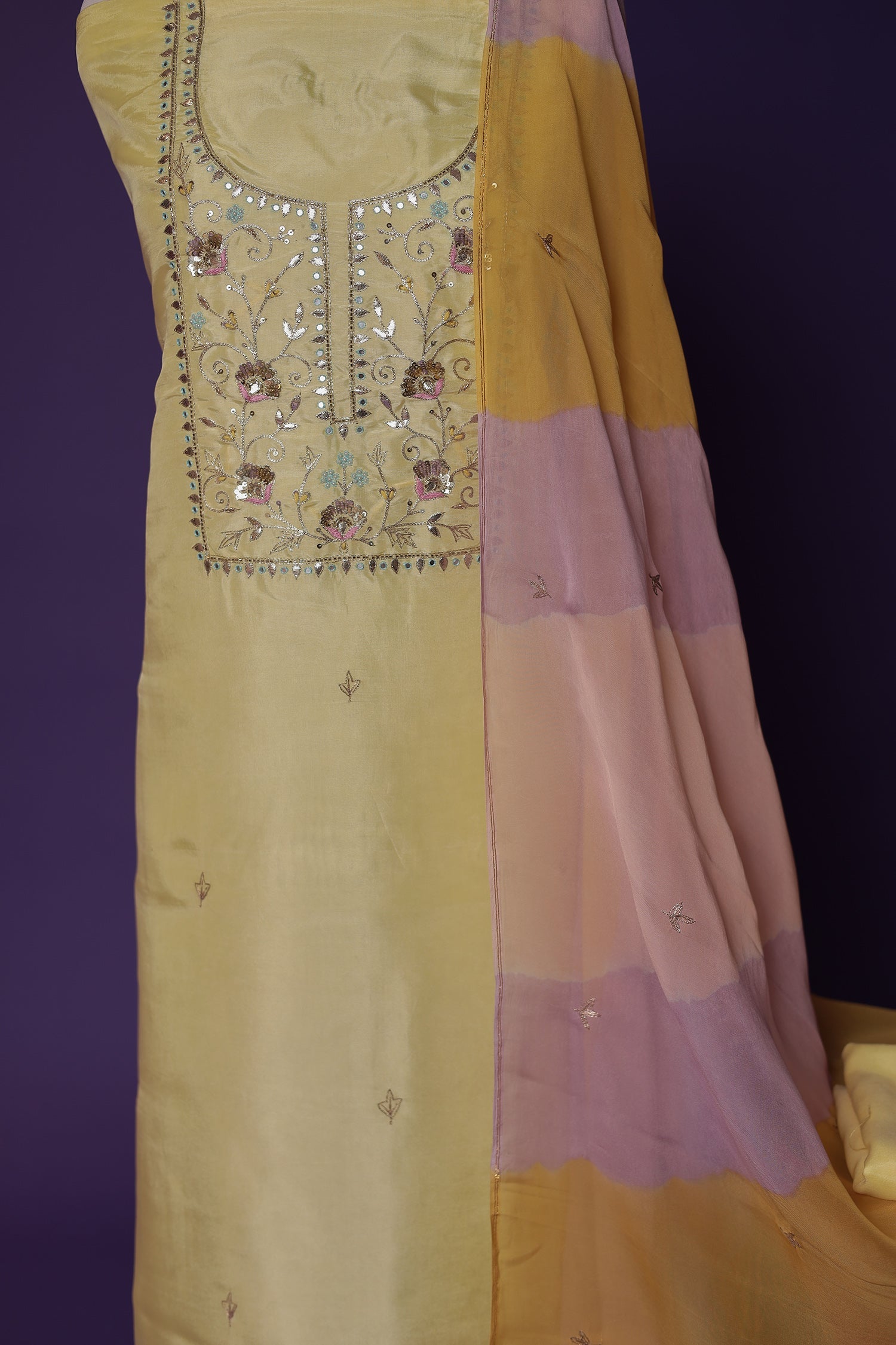 Silk Unstitched Suit with Gota Patti, Sequins and Thread work