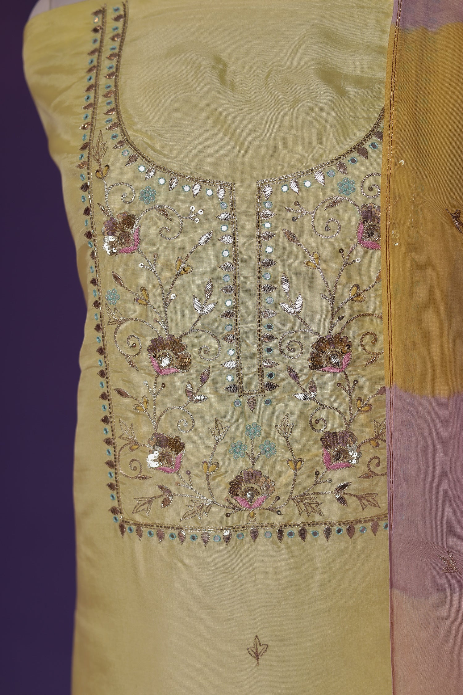 Silk Unstitched Suit with Gota Patti, Sequins and Thread work