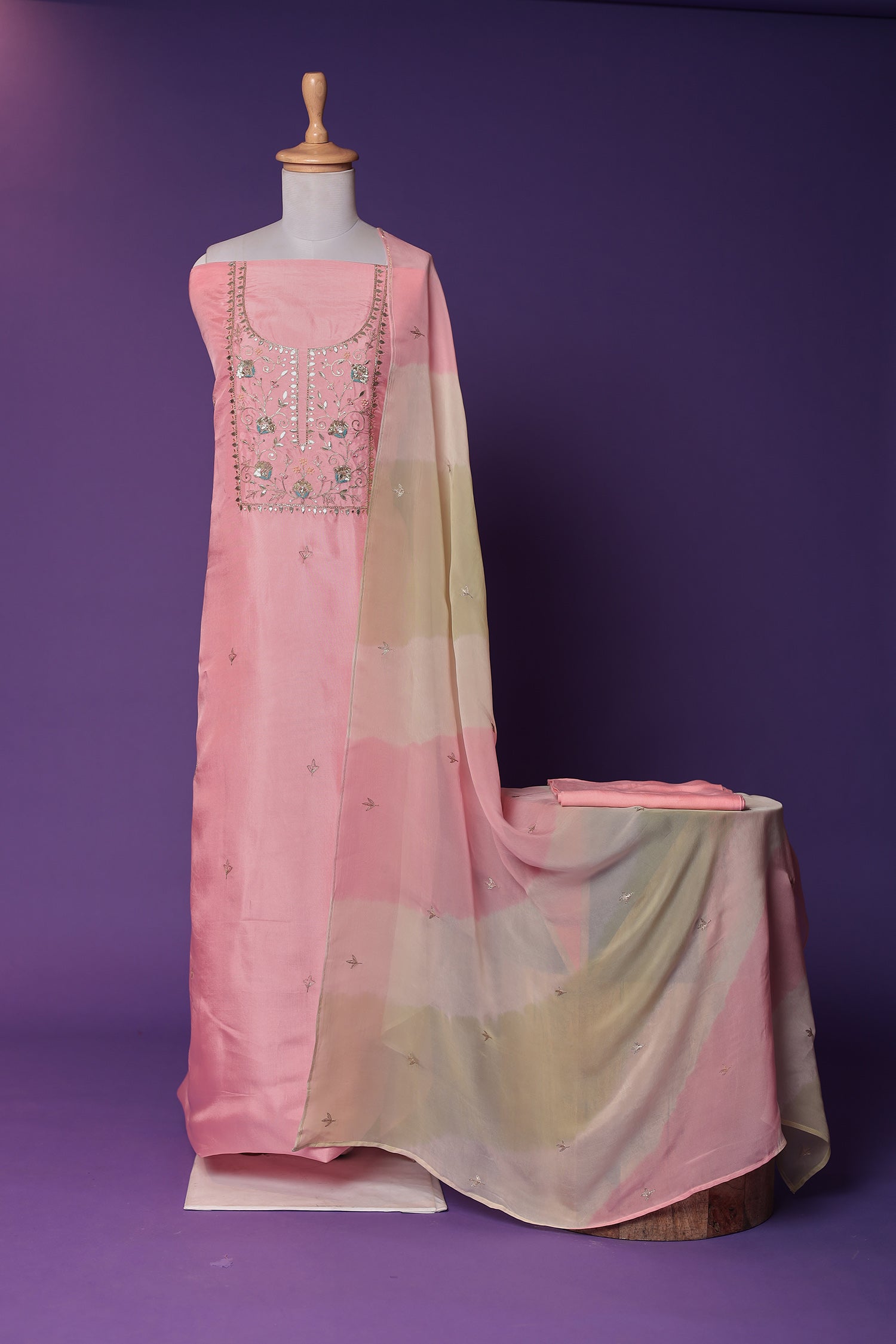 Silk Unstitched Suit with Gota Patti, Sequins and Thread work