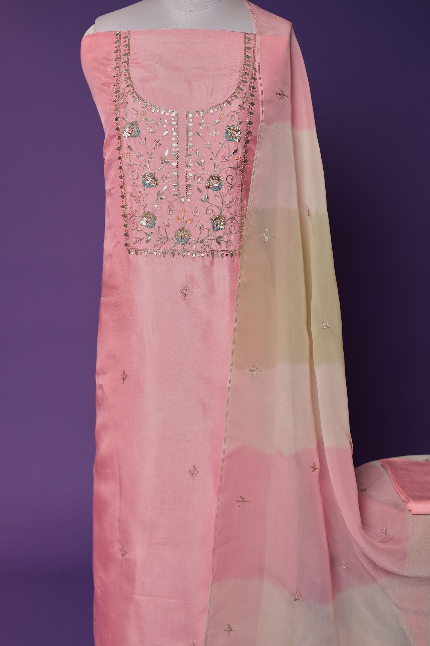Silk Unstitched Suit with Gota Patti, Sequins and Thread work