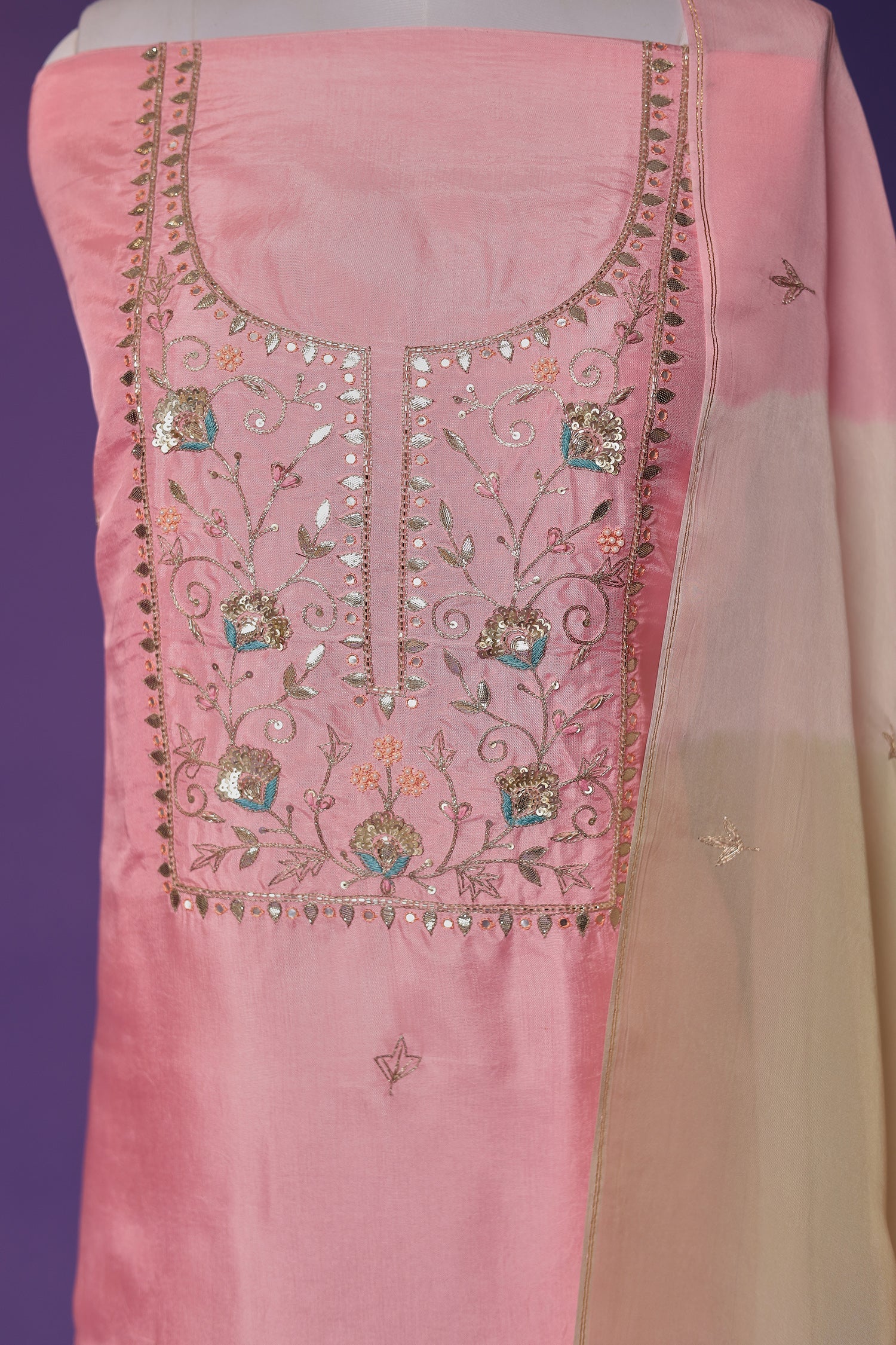 Silk Unstitched Suit with Gota Patti, Sequins and Thread work