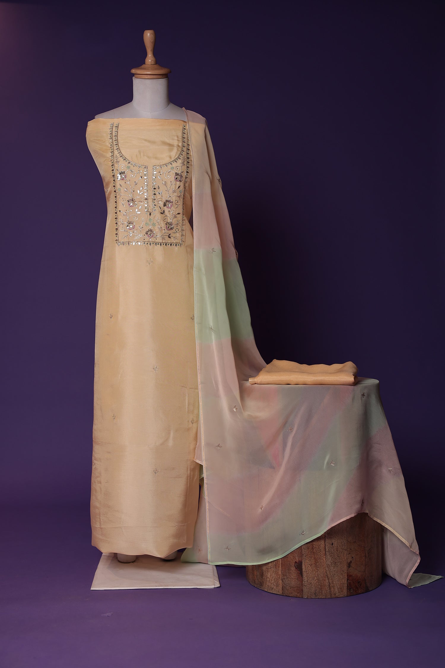 Silk Unstitched Suit with Gota Patti, Sequins and Thread work