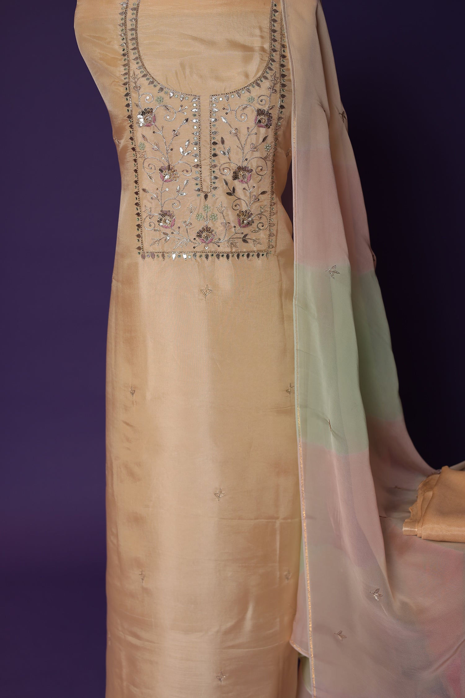 Silk Unstitched Suit with Gota Patti, Sequins and Thread work