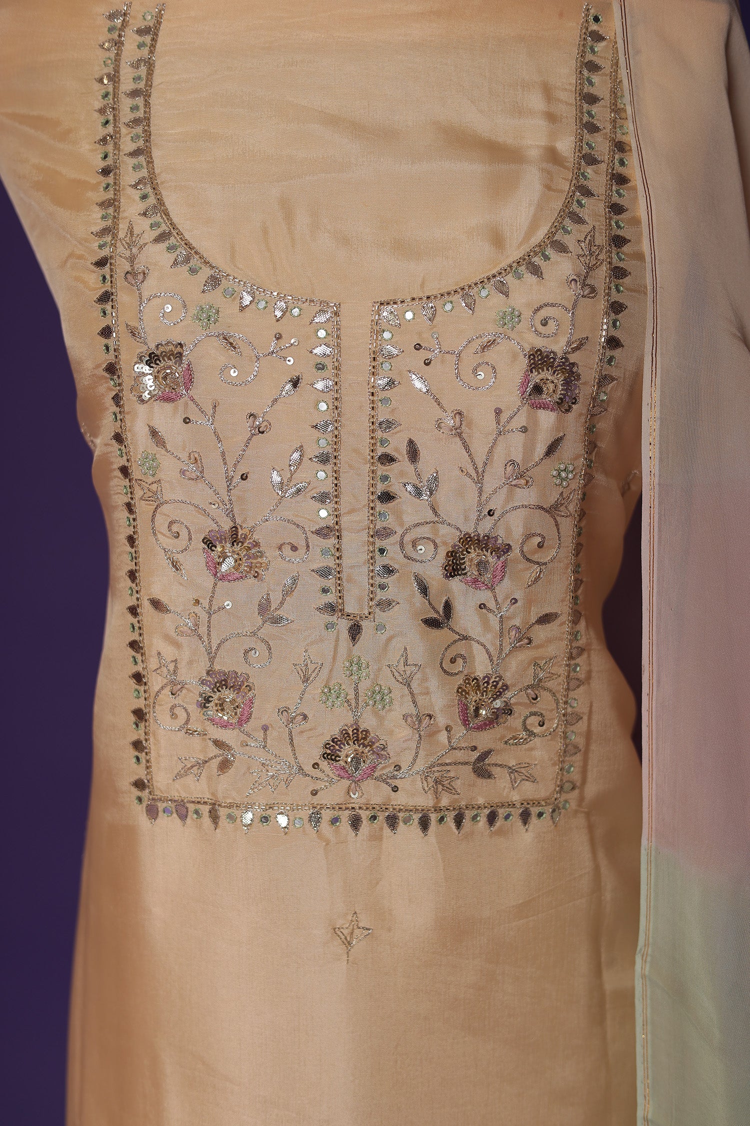 Silk Unstitched Suit with Gota Patti, Sequins and Thread work