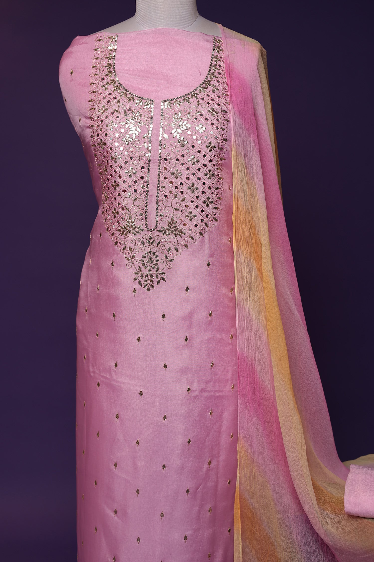 Silk Unstitched Suit with Aari and Gota Patti work