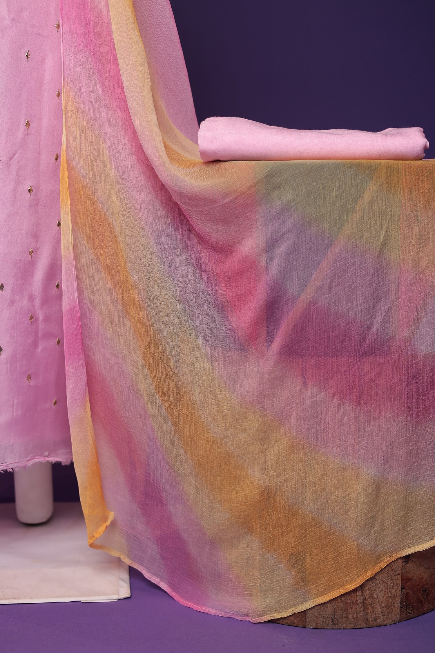 Silk Unstitched Suit with Aari and Gota Patti work