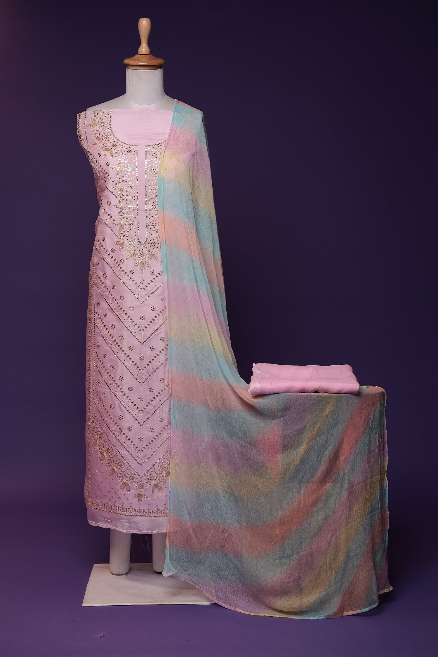 Silk Unstitched Suit with Aari and Gota Patti work